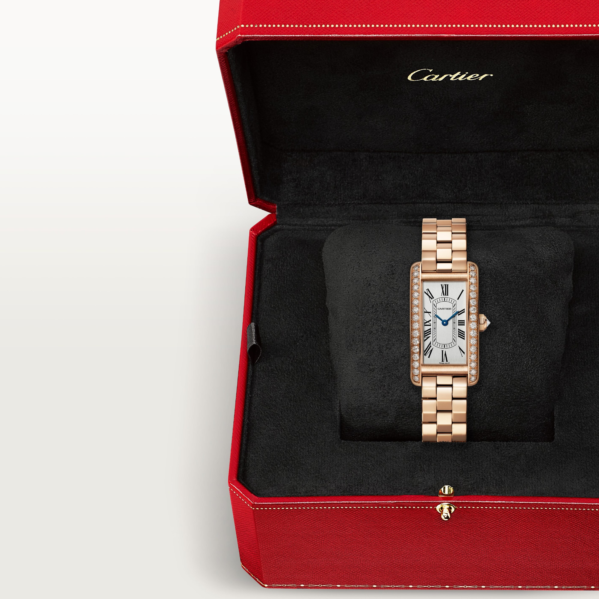In box: Dupe Tank Américaine small model rose gold diamond watch with rose gold bracelet, presented in its iconic red brand packaging