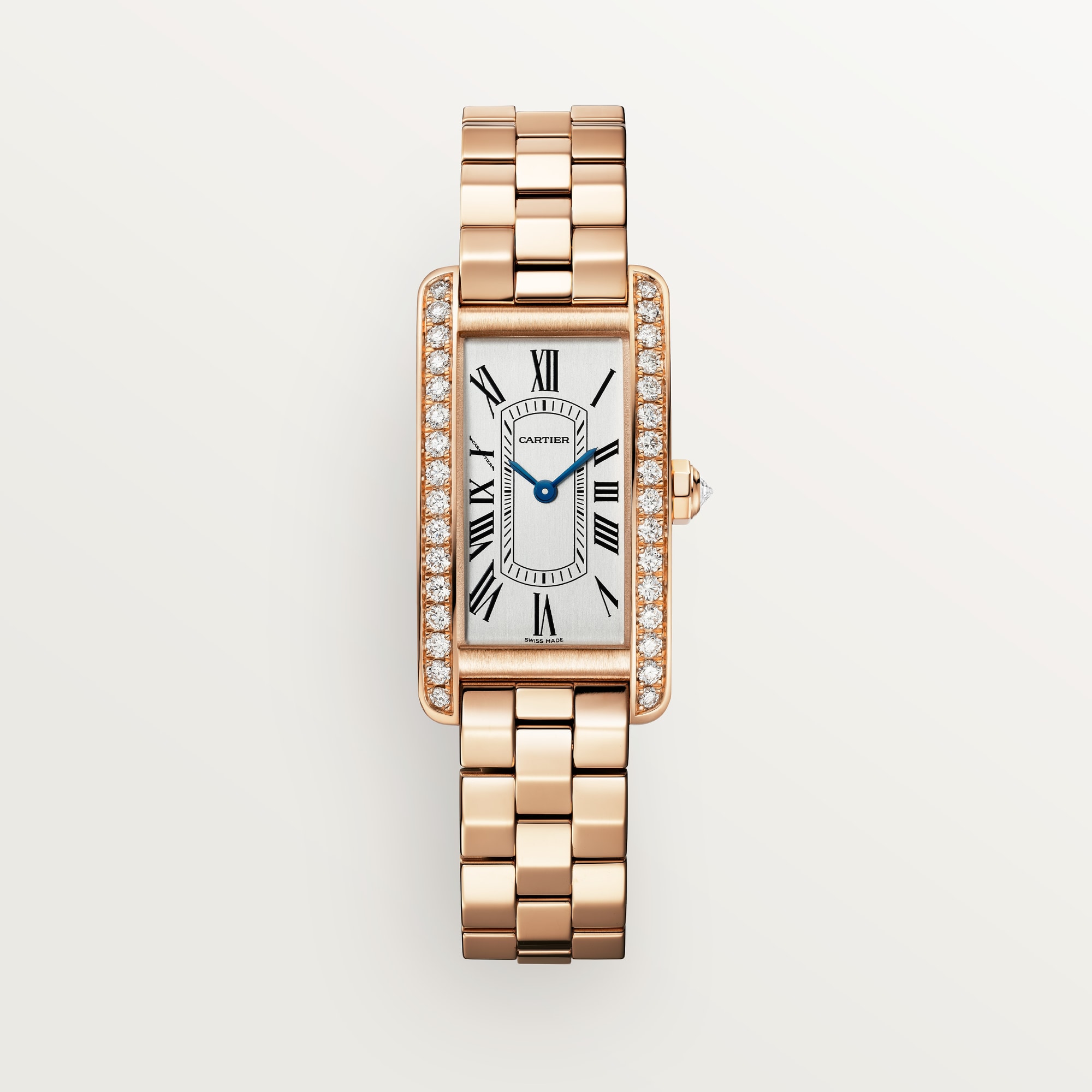 Front view: Dupe Tank Américaine small model watch, rose gold curved case set with diamonds, and matching rose gold bracelet.