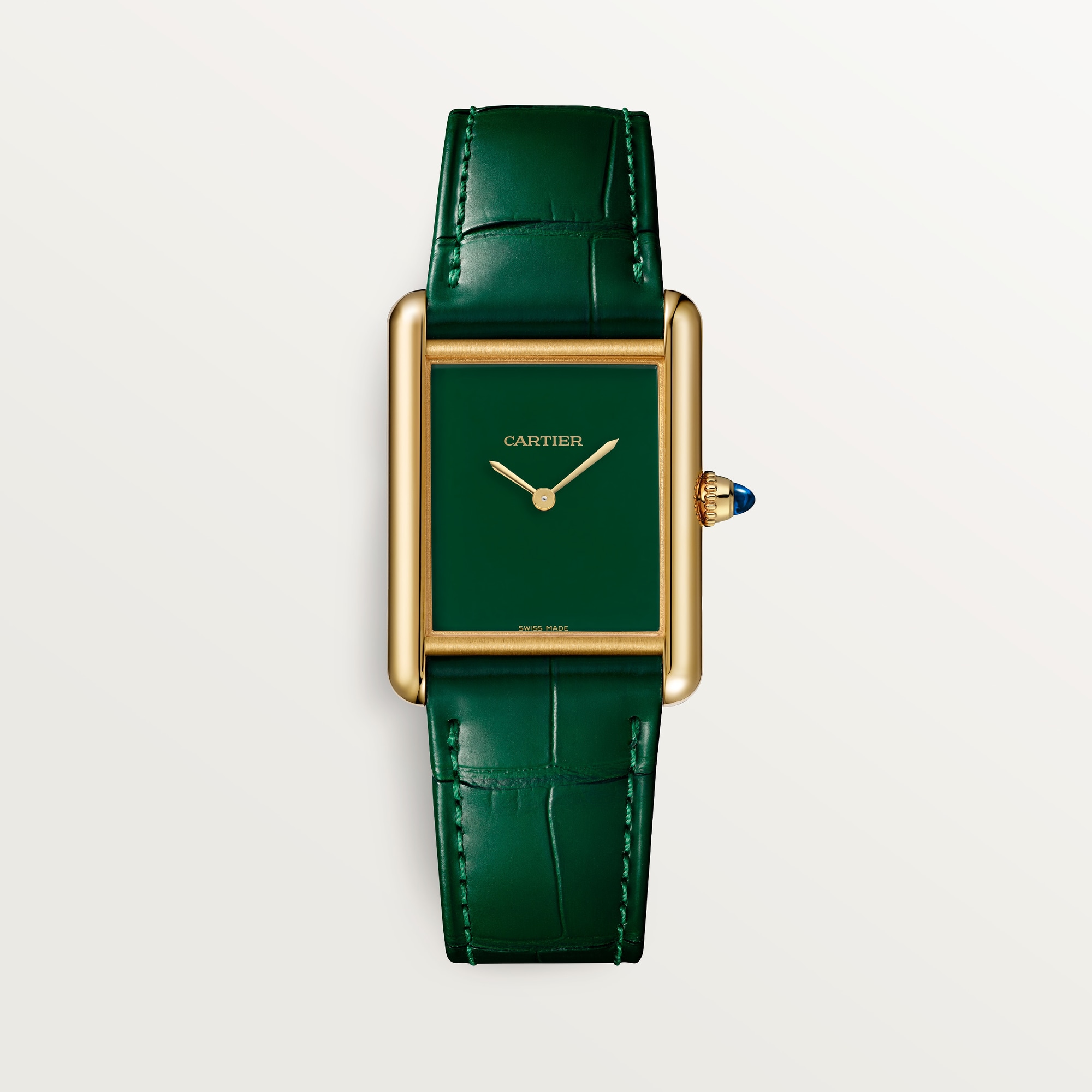 Front view of a Dupe Tank Louis Cartier large model watch with a yellow gold colors case, striking green dial, and matching green leather strap.