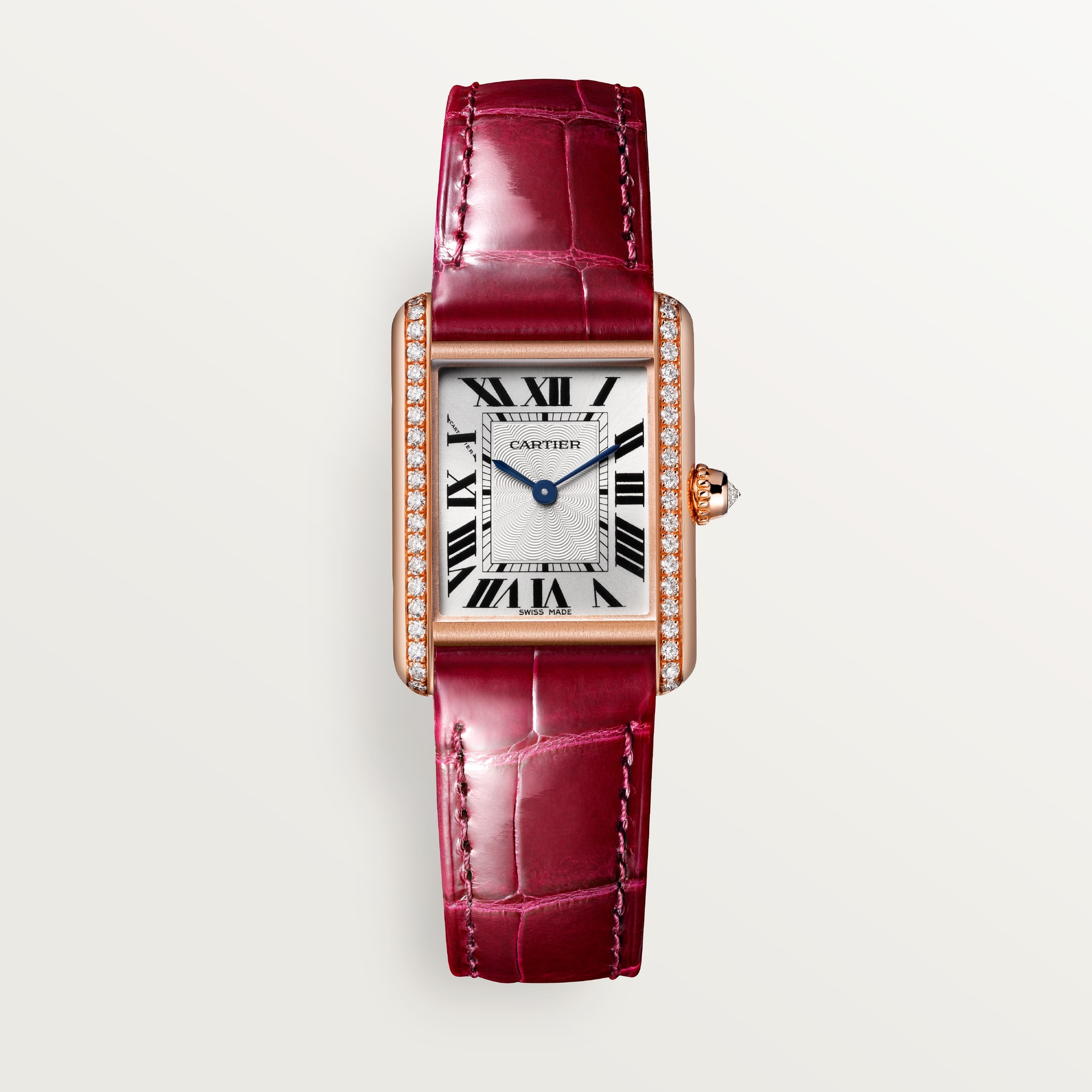 Front view (no box): Dupe Tank Louis Cartier small model watch, rose gold diamond-set case, white dial, and burgundy leather strap.