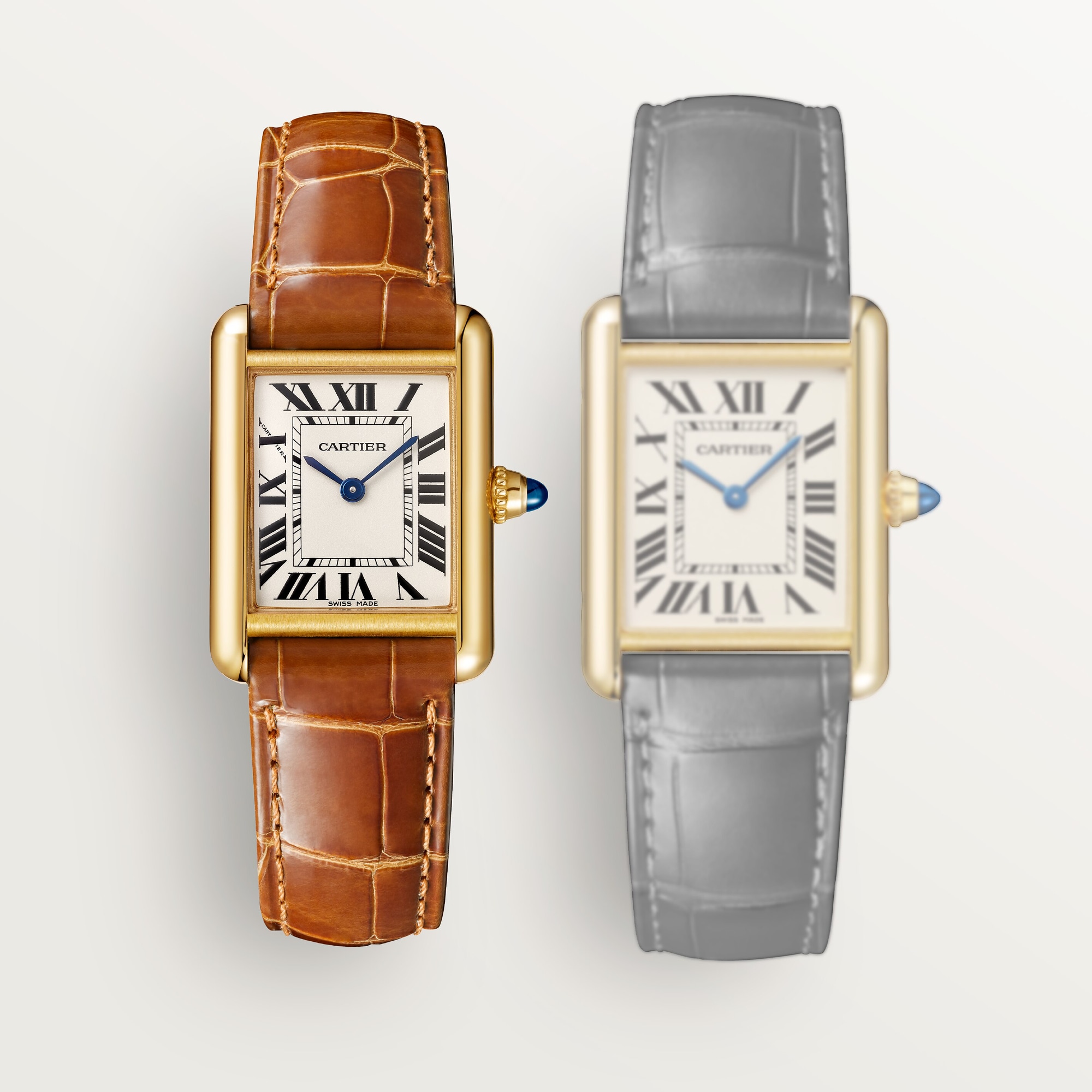 Strap options: Dupe Tank Louis Cartier small model yellow gold colors watch shown with brown and grey leather strap choices.