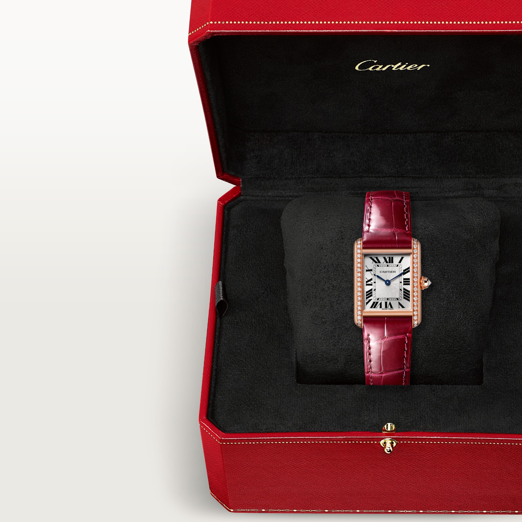 In box display: Dupe Tank Louis Cartier small model rose gold diamond watch with burgundy leather strap in its brand packaging.