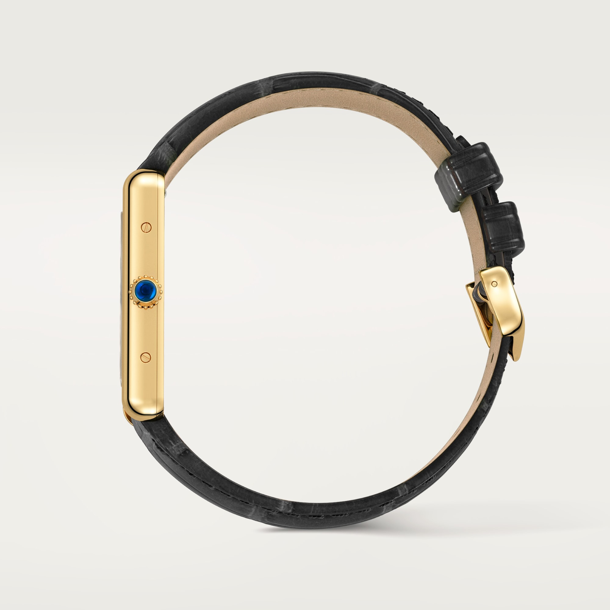 Profile view: Dupe Tank Louis Cartier large model watch, yellow gold colors case, with black alligator-patterned leather strap.