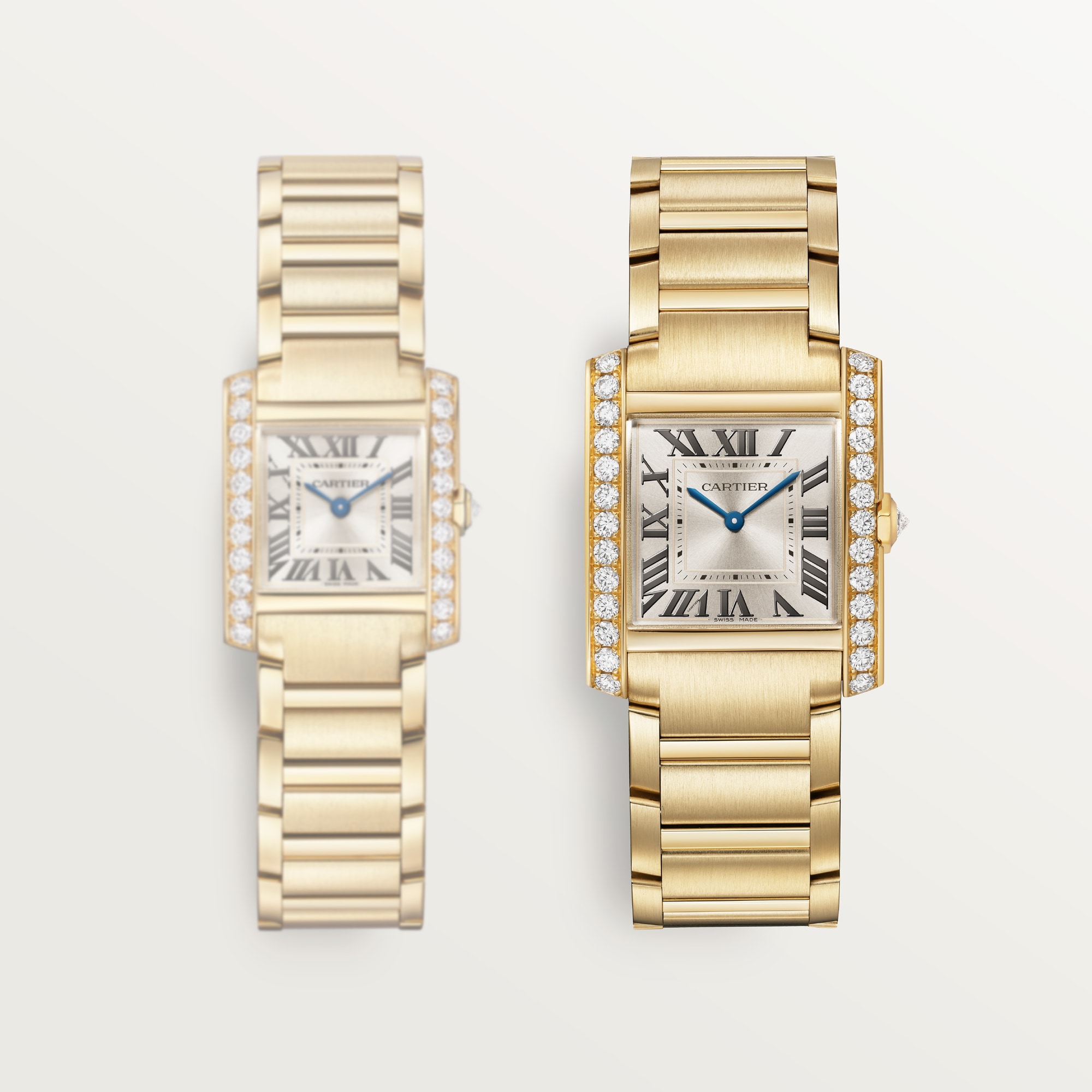 Comparison: Dupe Tank Française diamond watches in yellow gold, featuring a medium model with metal bracelet.