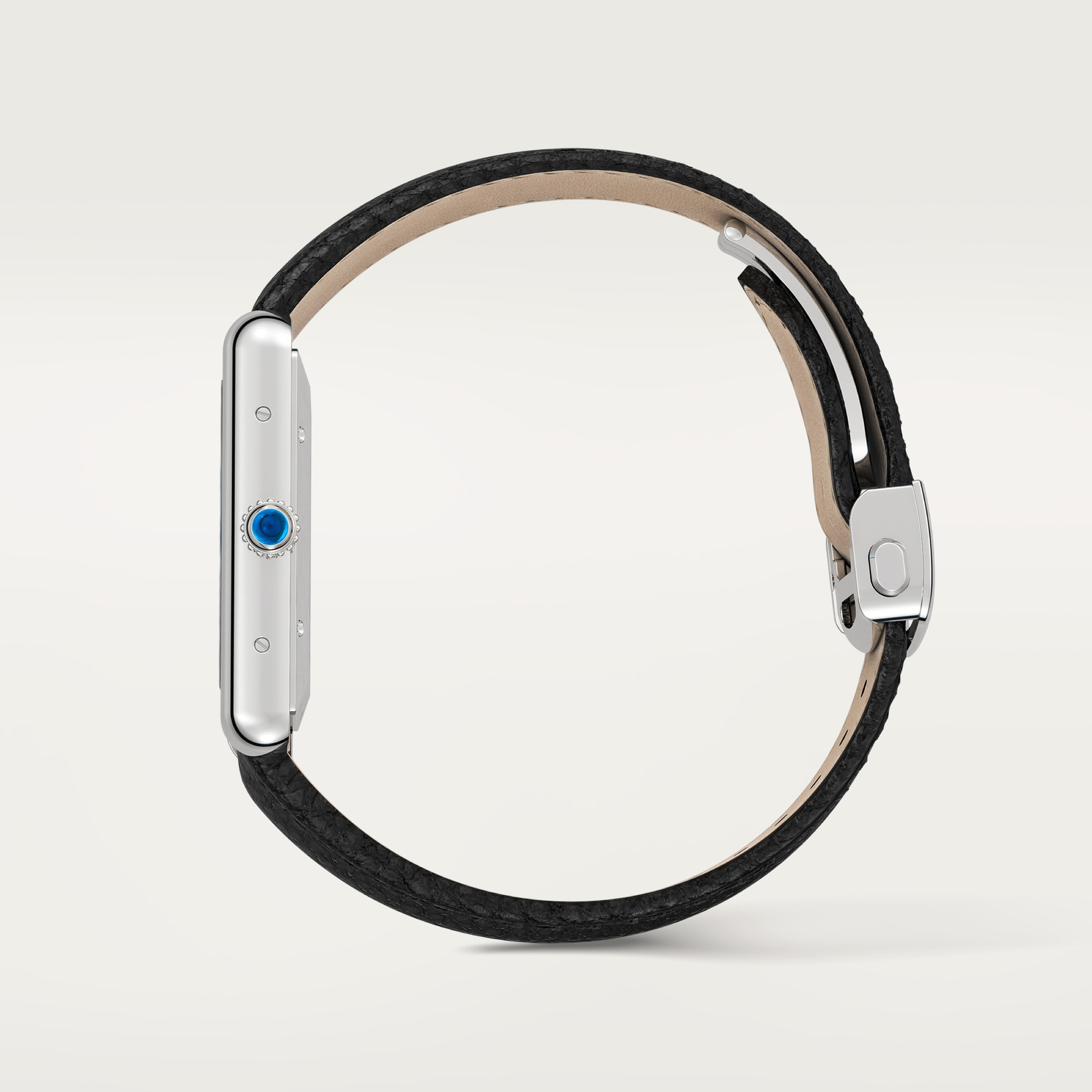 Profile view: Dupe Tank Must extra-large model watch with steel case and black leather strap.