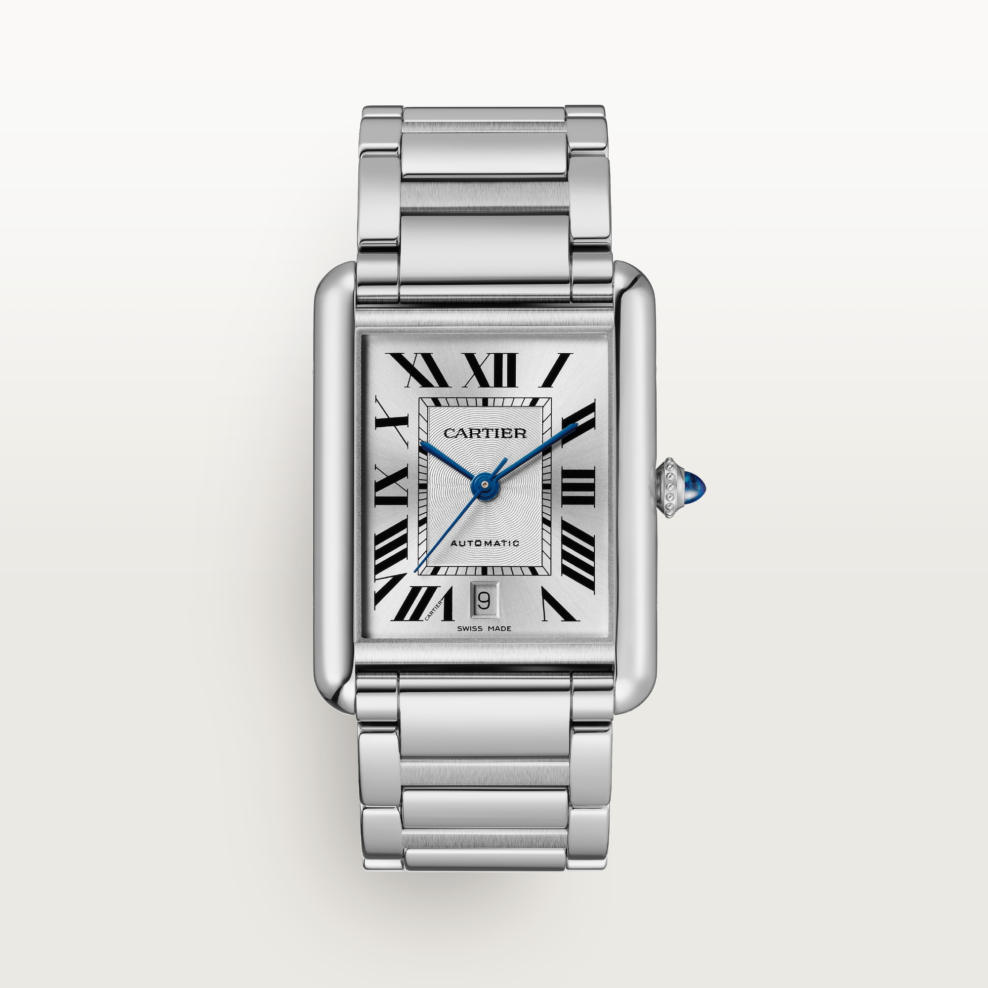 Front view: Dupe Tank Must extra-large model watch, steel case, white dial with date, and matching steel bracelet.