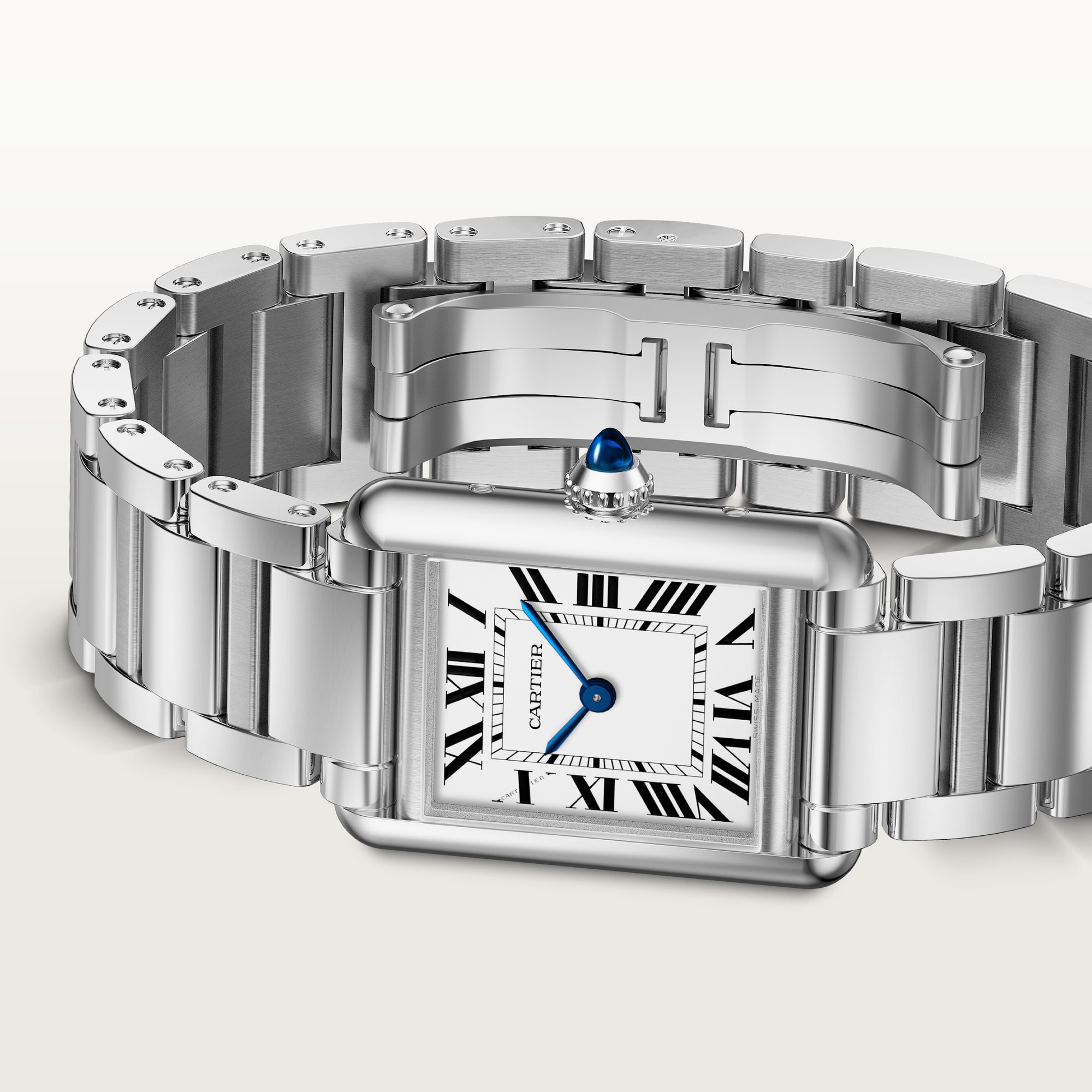 Angled view of a small Tank Must Solarbeat™ dupe Cartier watch with a steel case, white Roman dial, and steel bracelet.