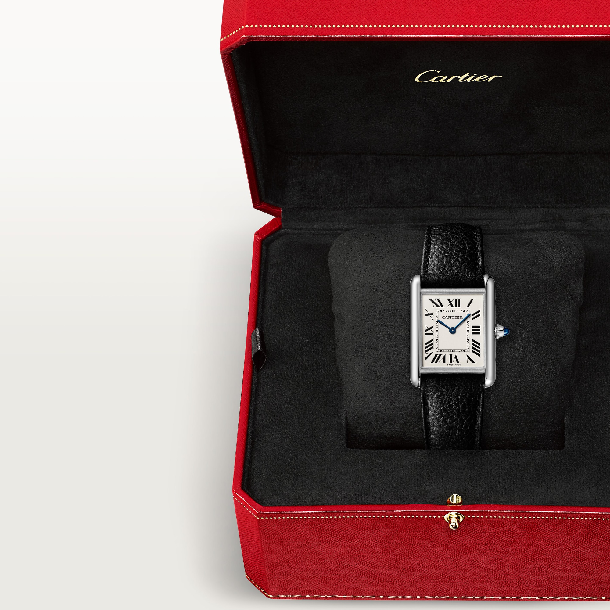 Large Tank Must dupe Cartier watch with white dial and black leather strap, displayed in its signature red Cartier box.