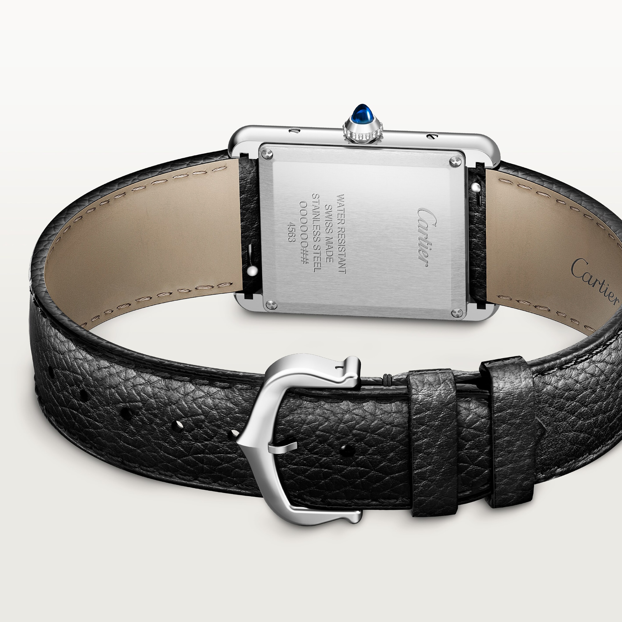 Close-up of the caseback and black leather strap with clasp of the large Tank Must Solarbeat™ dupe Cartier watch.