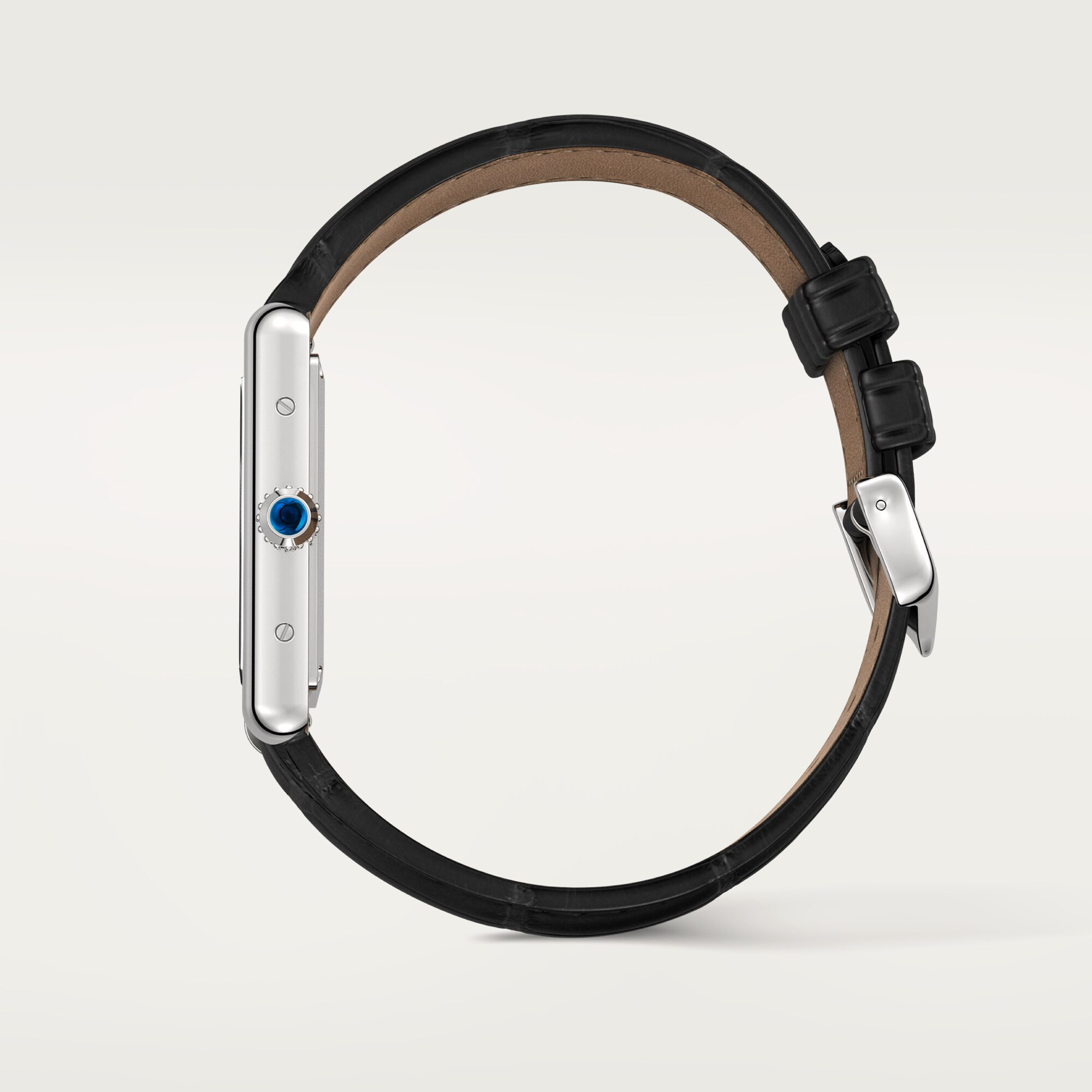 Side profile of a large Tank Must dupe Cartier watch, steel case with black leather strap and blue cabochon crown.