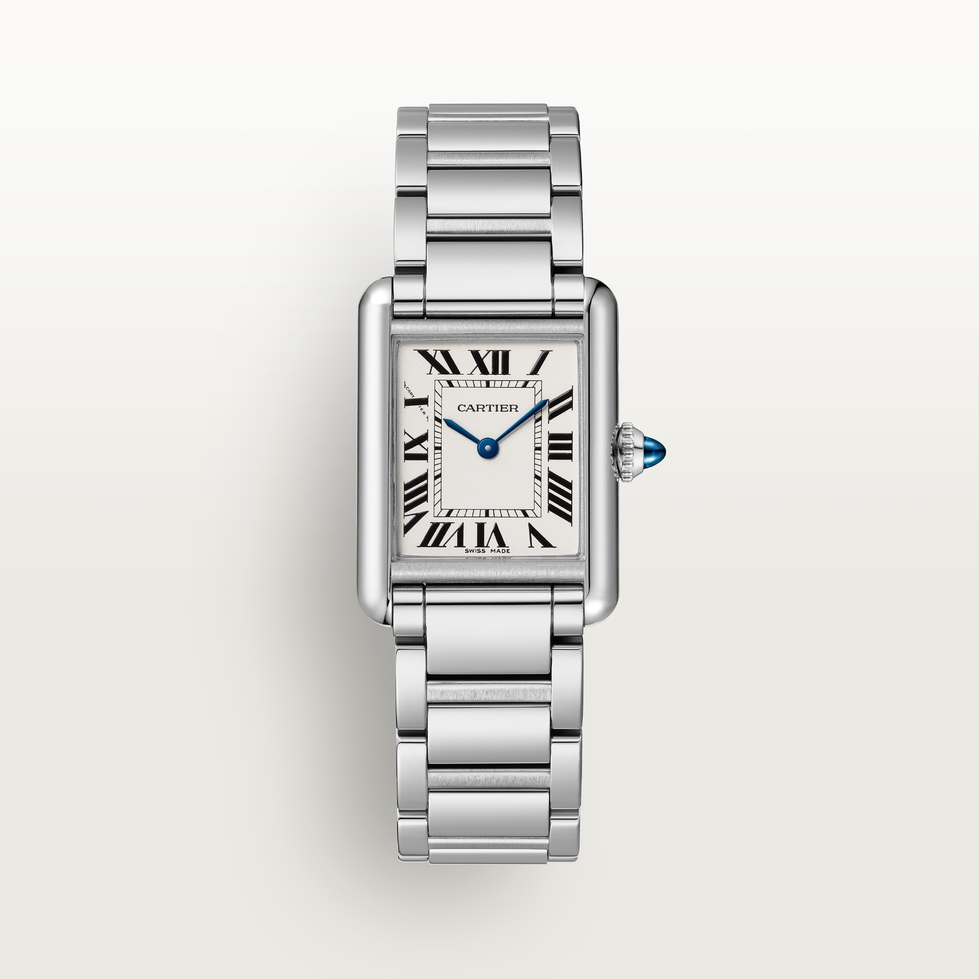 Front view of a small steel Tank Must dupe Cartier watch, showing its classic rectangular design.