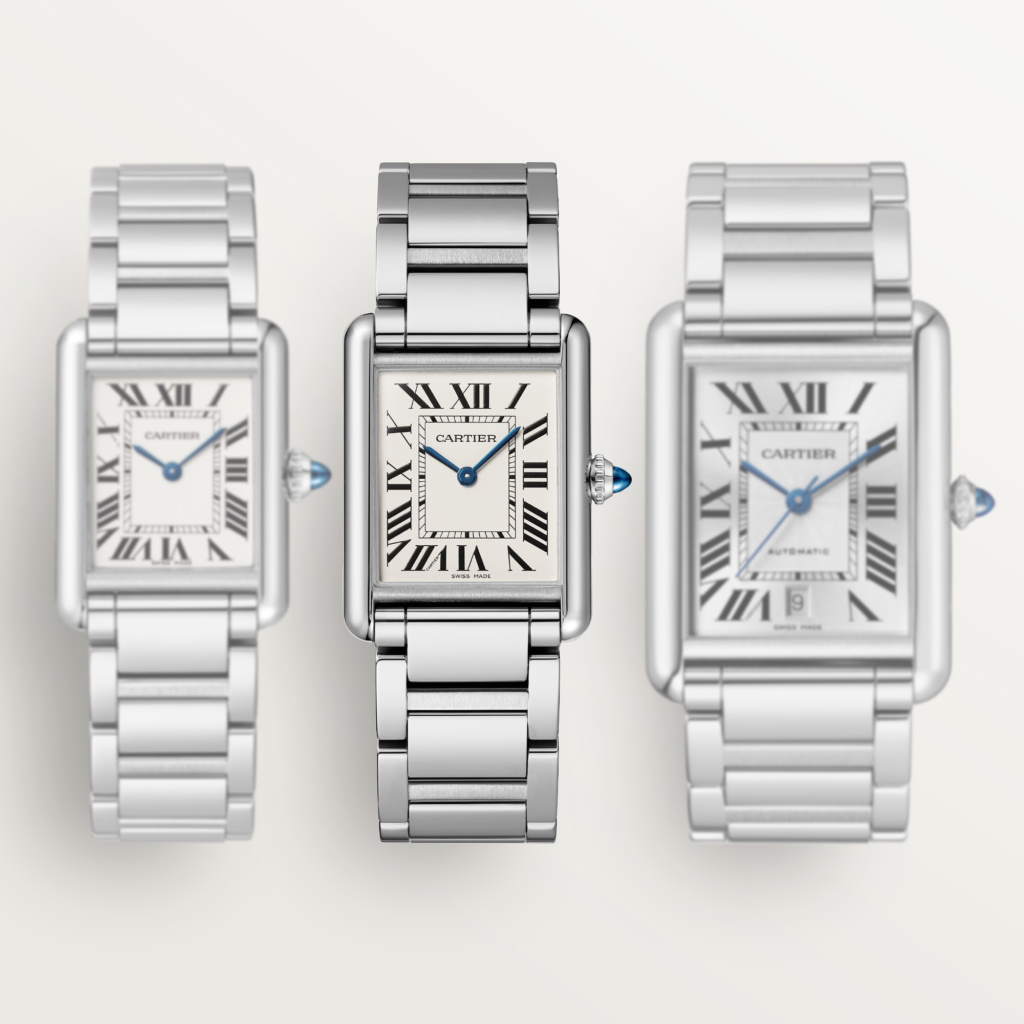 Comparison of steel Tank Must dupe Cartier watch models, emphasizing the large size variant.