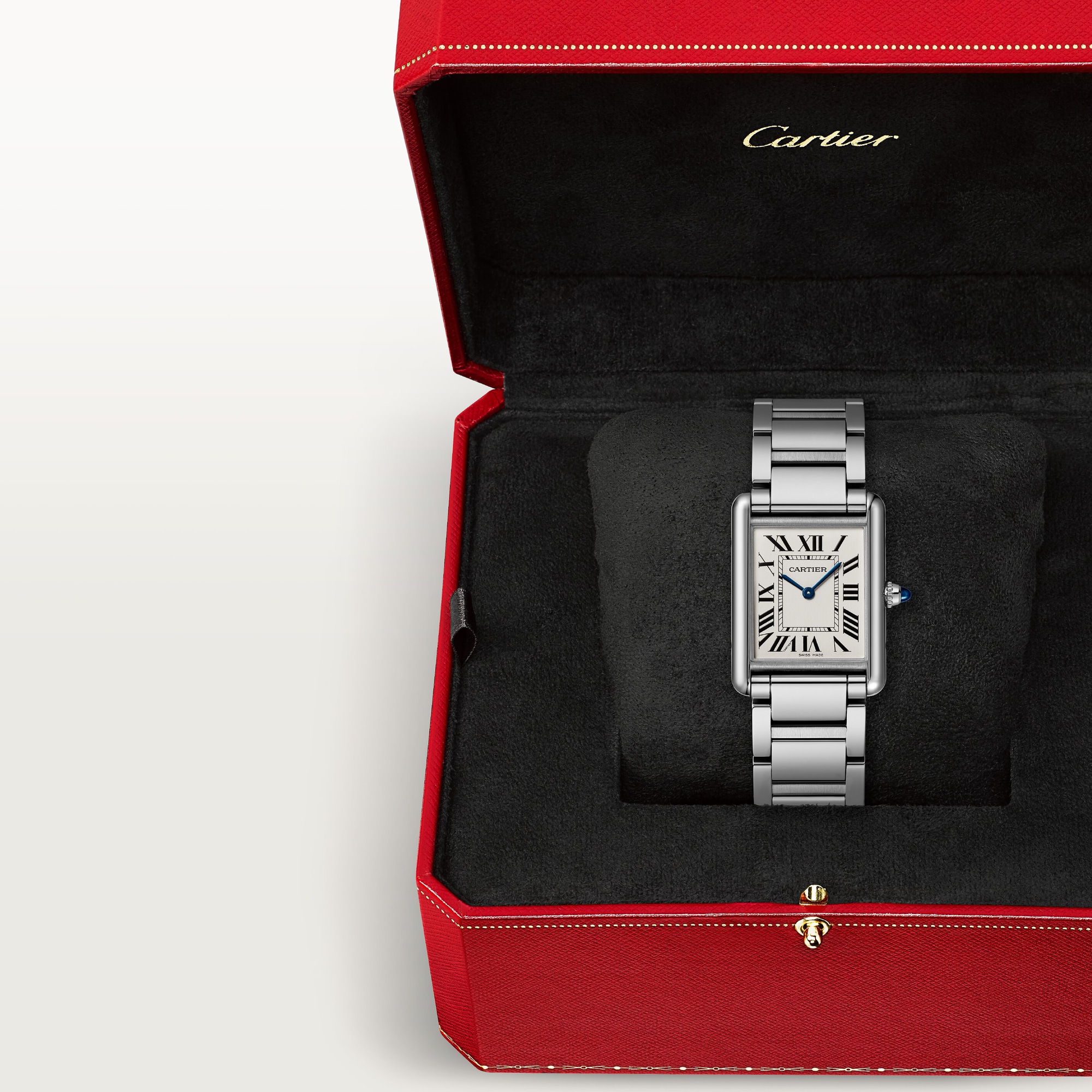 Large model Tank Must dupe Cartier watch with steel finish, showcased in its presentation box.