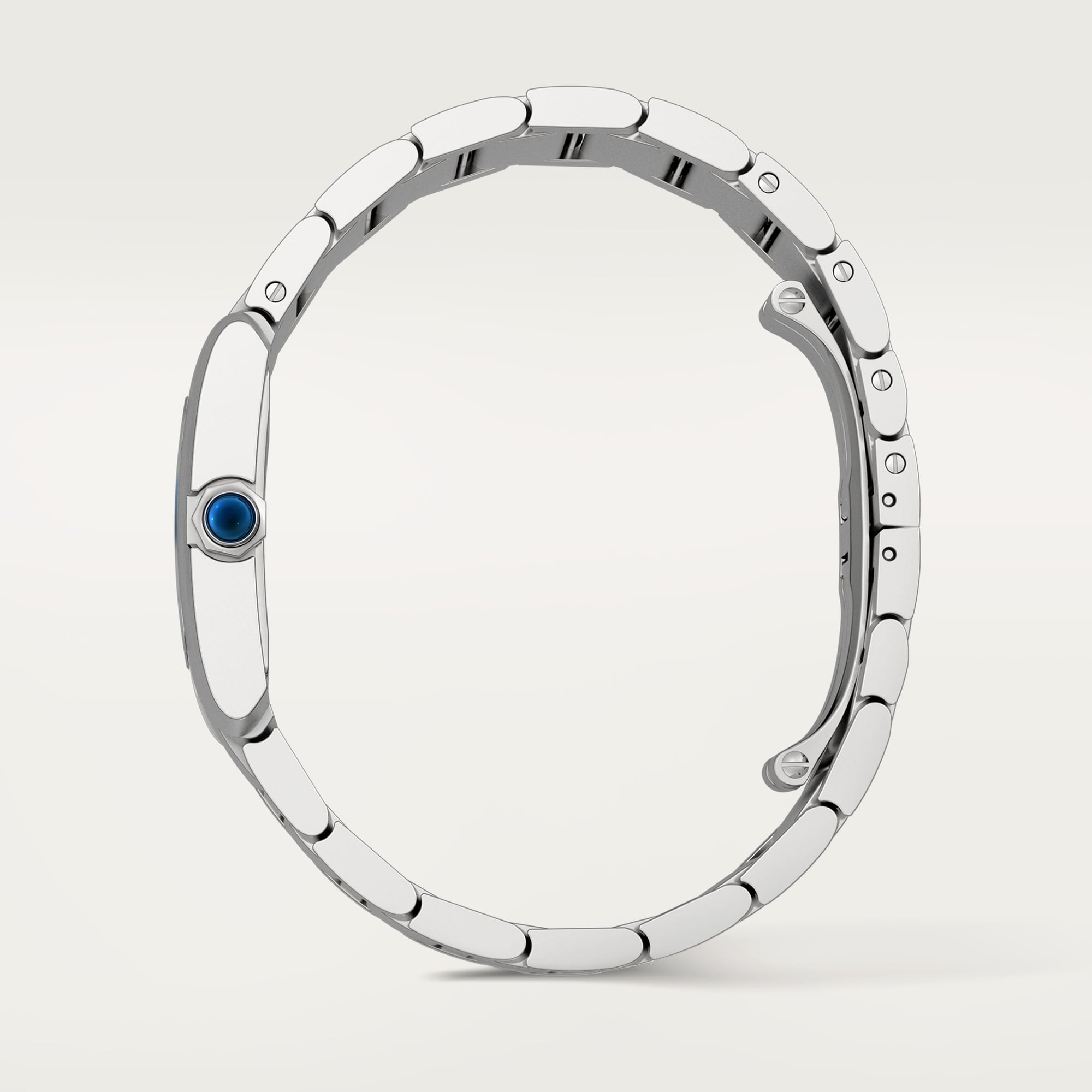 Side profile of the medium steel Tank Française style watch, detailing the crown and bracelet curvature.