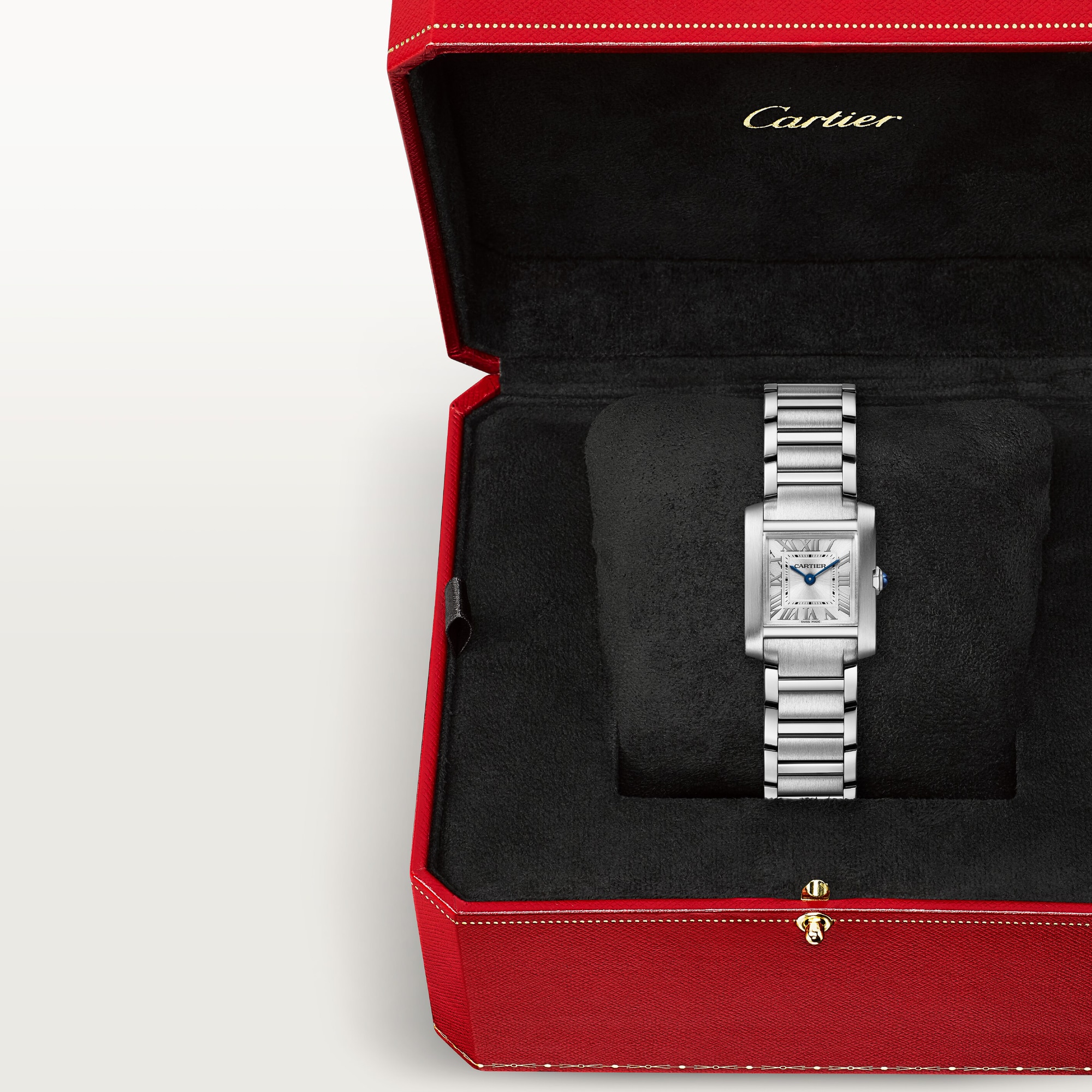 Small Tank Française dupe Cartier watch with full steel bracelet, presented in its signature red Cartier box.