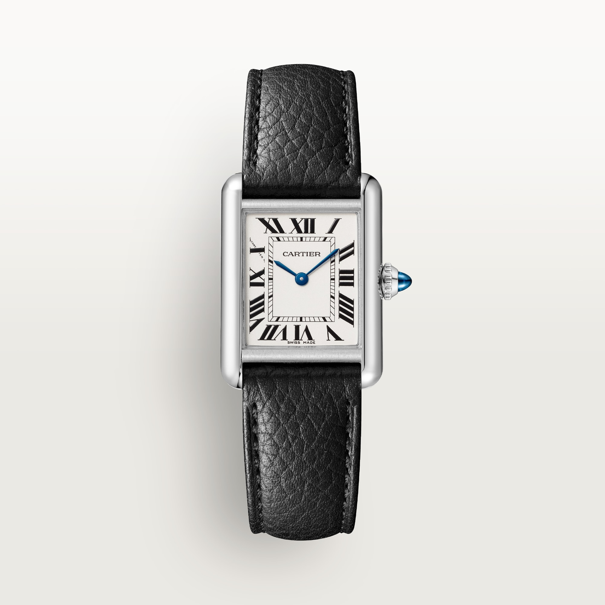 Front view of the small Tank Must dupe Cartier watch: steel case, white Roman numeral dial, and black leather strap.