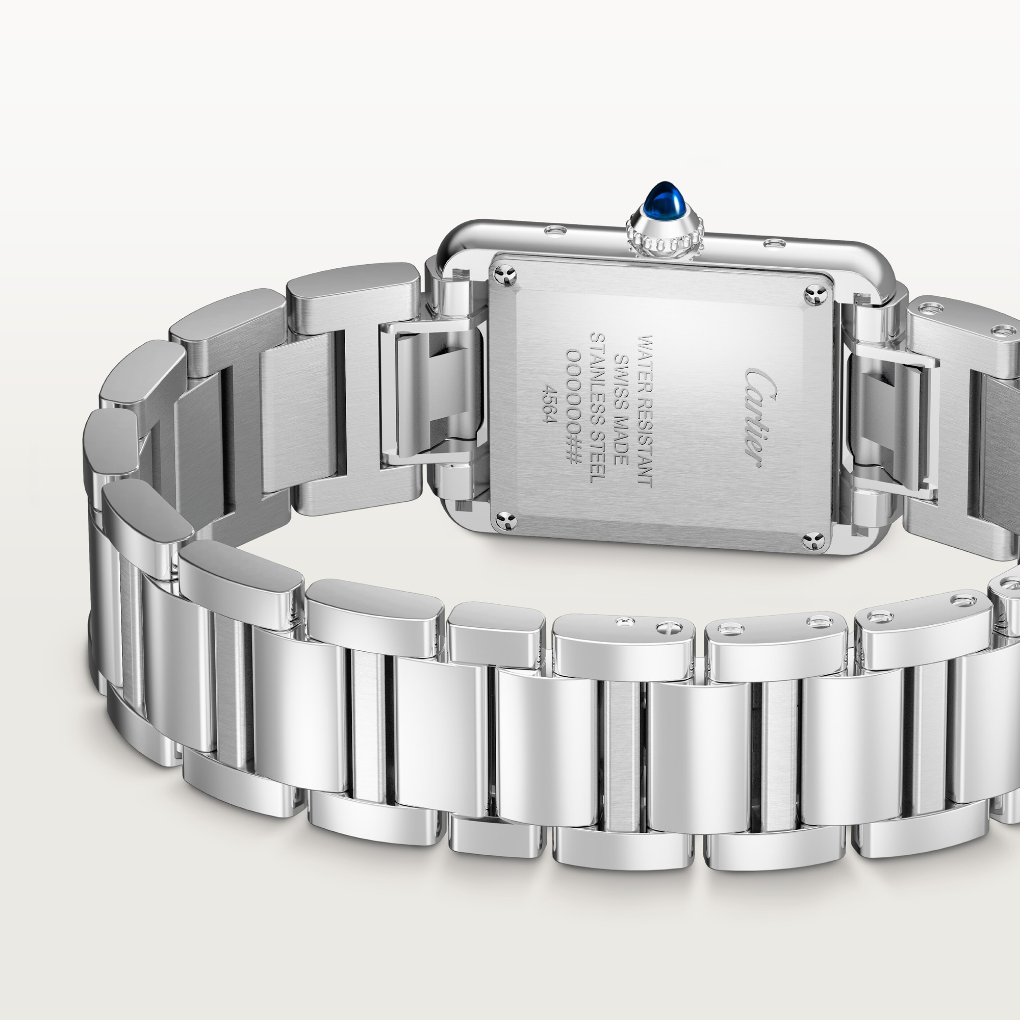 Caseback and steel bracelet detail of the small Tank Must Solarbeat™ dupe Cartier watch.