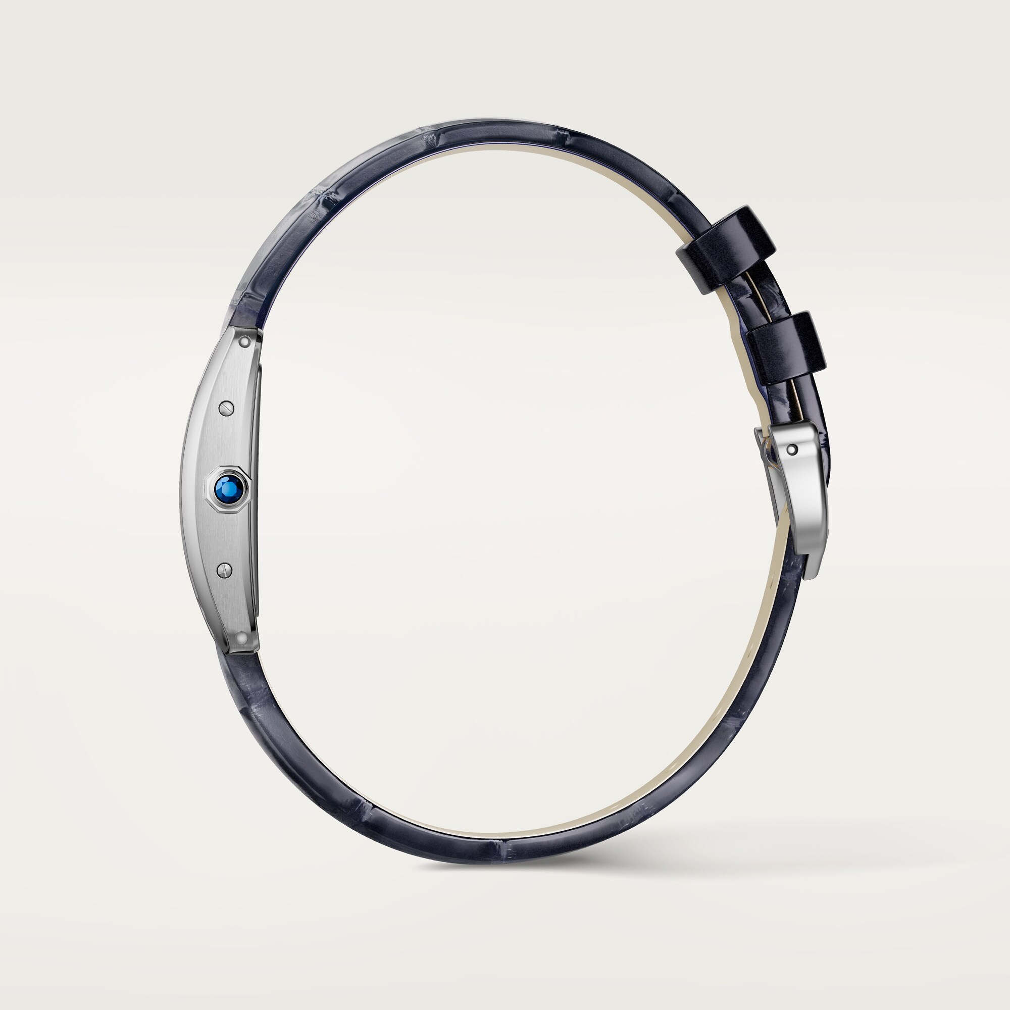 Side profile of the mini Tank Américaine dupe Cartier watch in steel with a navy blue leather strap, showing its curved case.