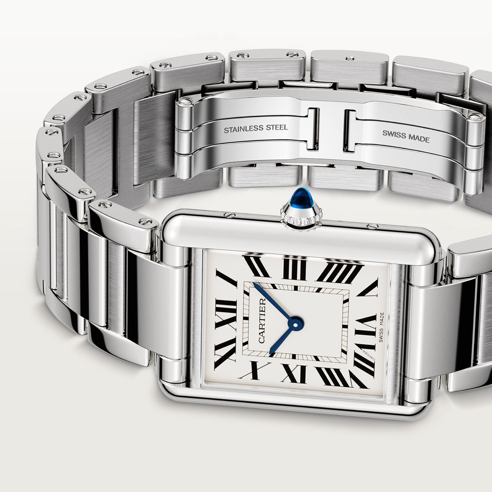 Close-up of the stainless steel bracelet and clasp of the large Tank Must dupe Cartier watch.