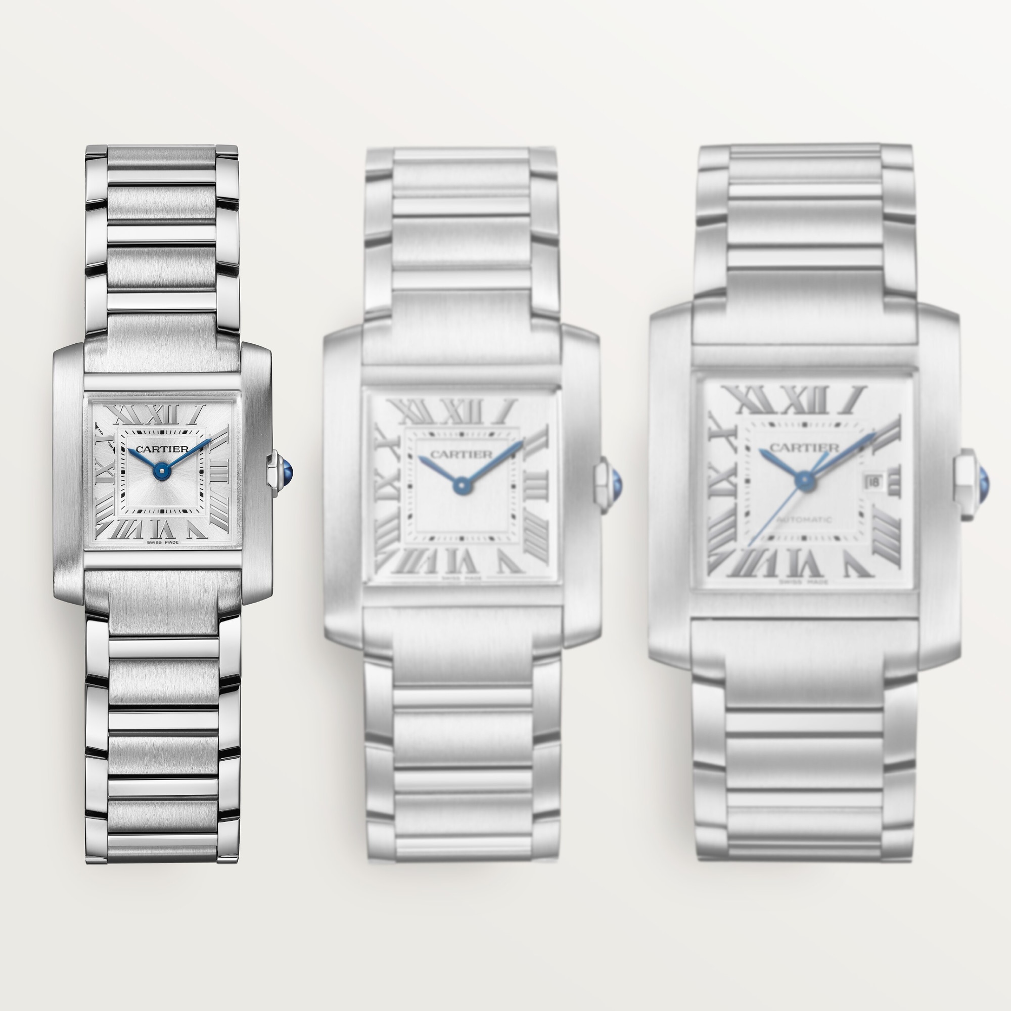 Size comparison of Tank Française dupe Cartier watch steel models, with the small model highlighted on the left.