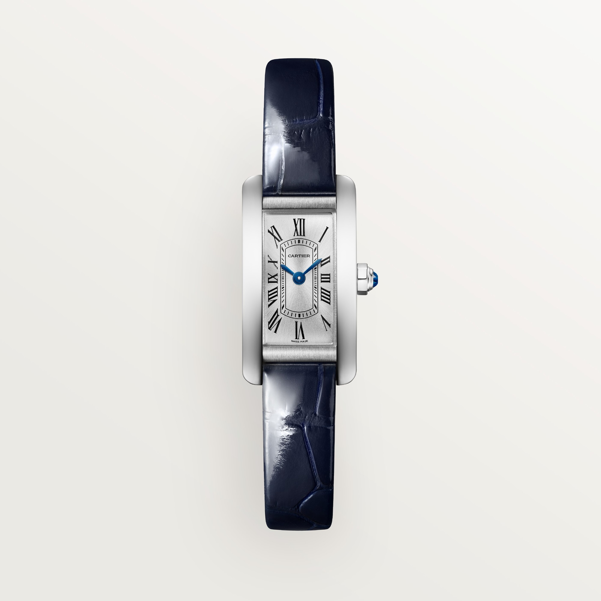 Front view of the mini Tank Américaine dupe Cartier watch: steel case, silver Roman numeral dial, and navy blue leather strap.