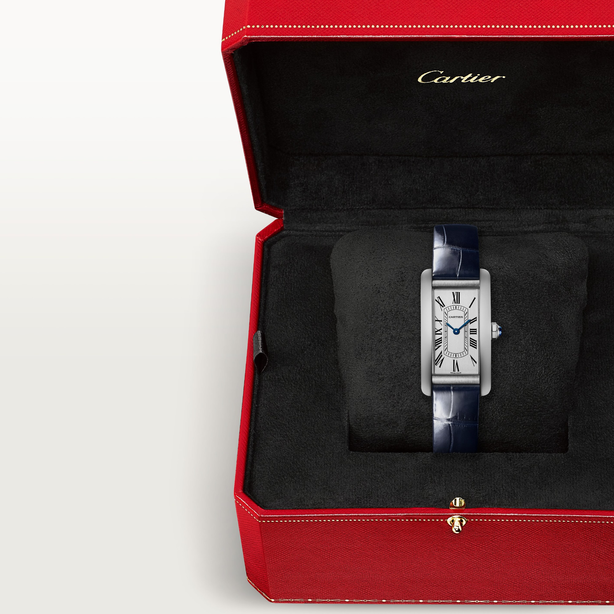 Small Tank Américaine dupe Cartier watch with silver dial and navy blue leather strap, presented in its signature red Cartier box.