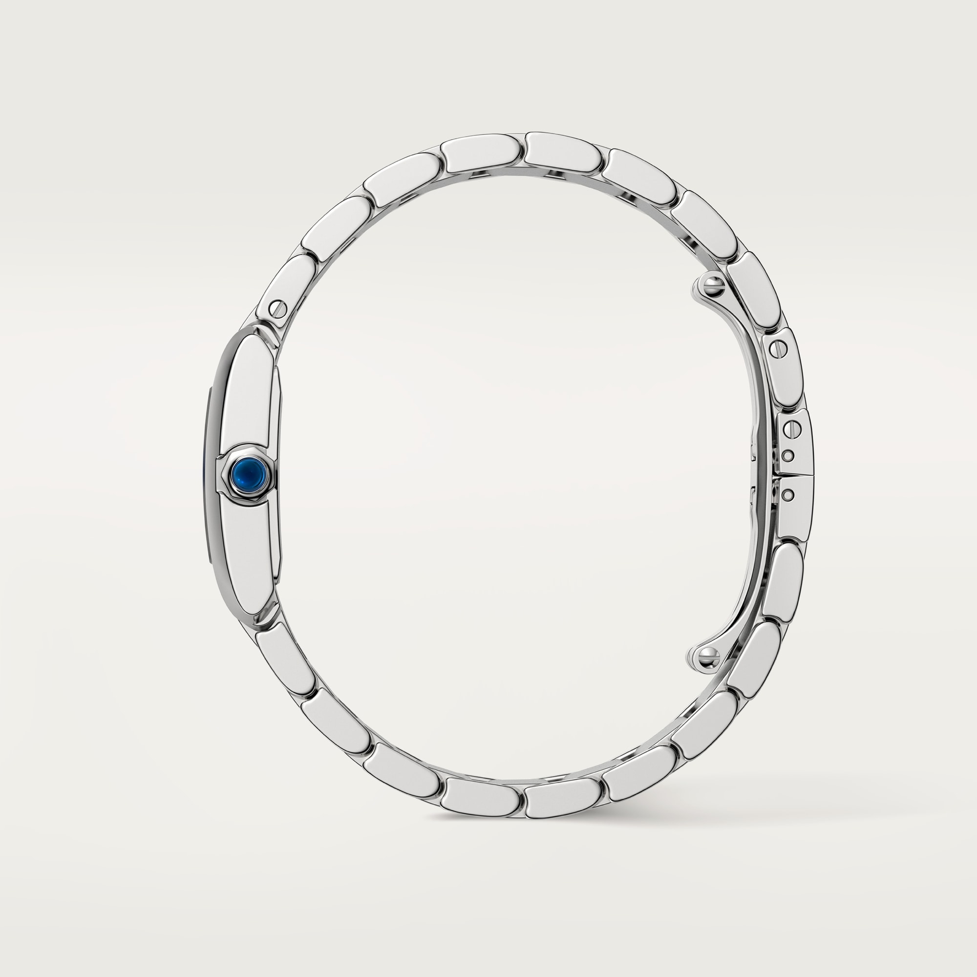 Side profile of the small Tank Française dupe Cartier watch with a full steel case and integrated bracelet.