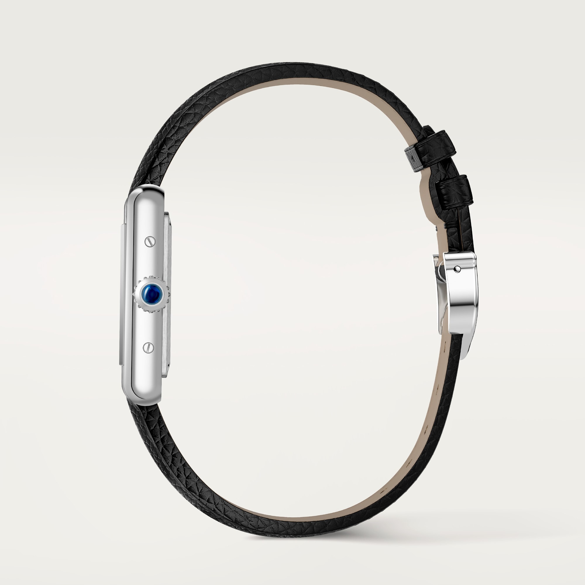 Side profile of the small Tank Must Solarbeat™ dupe Cartier watch in steel with a black leather strap, showing its slim case.