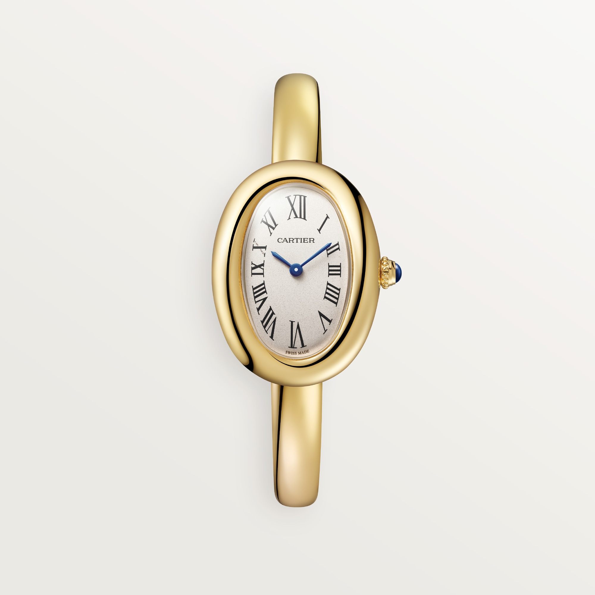 Clear, single view of the Cartier Baignoire small yellow gold watch, highlighting its oval case and gold bracelet.