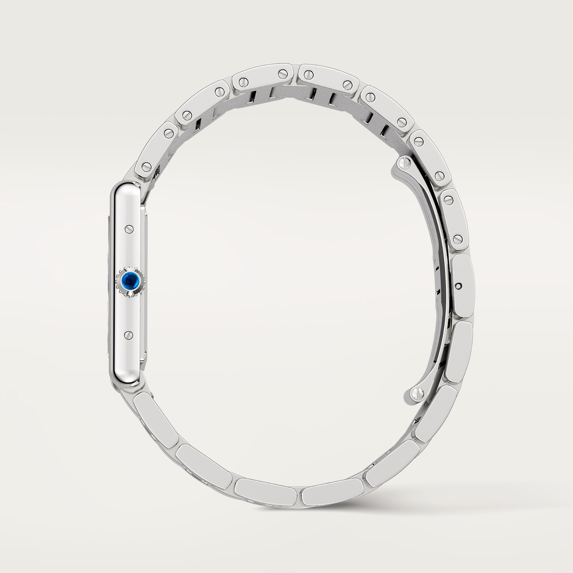 Side profile of the large Tank Must dupe Cartier watch in steel, showing the crown and case.