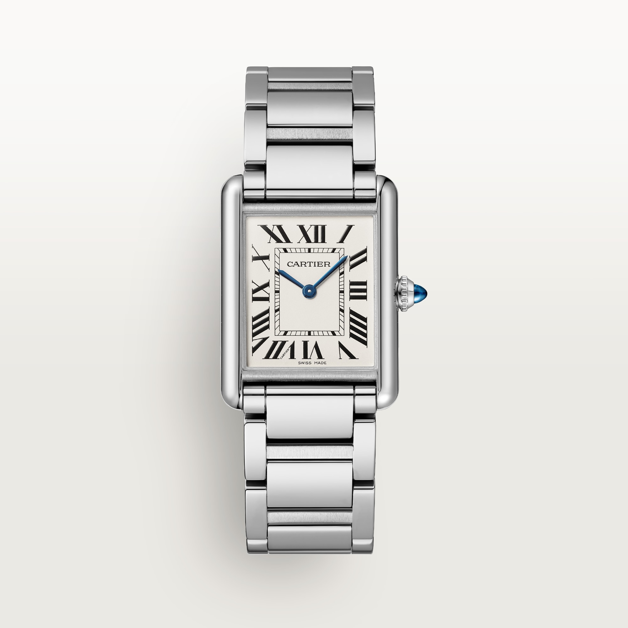 Frontal shot of the large steel Tank Must dupe Cartier watch, displaying its full design.