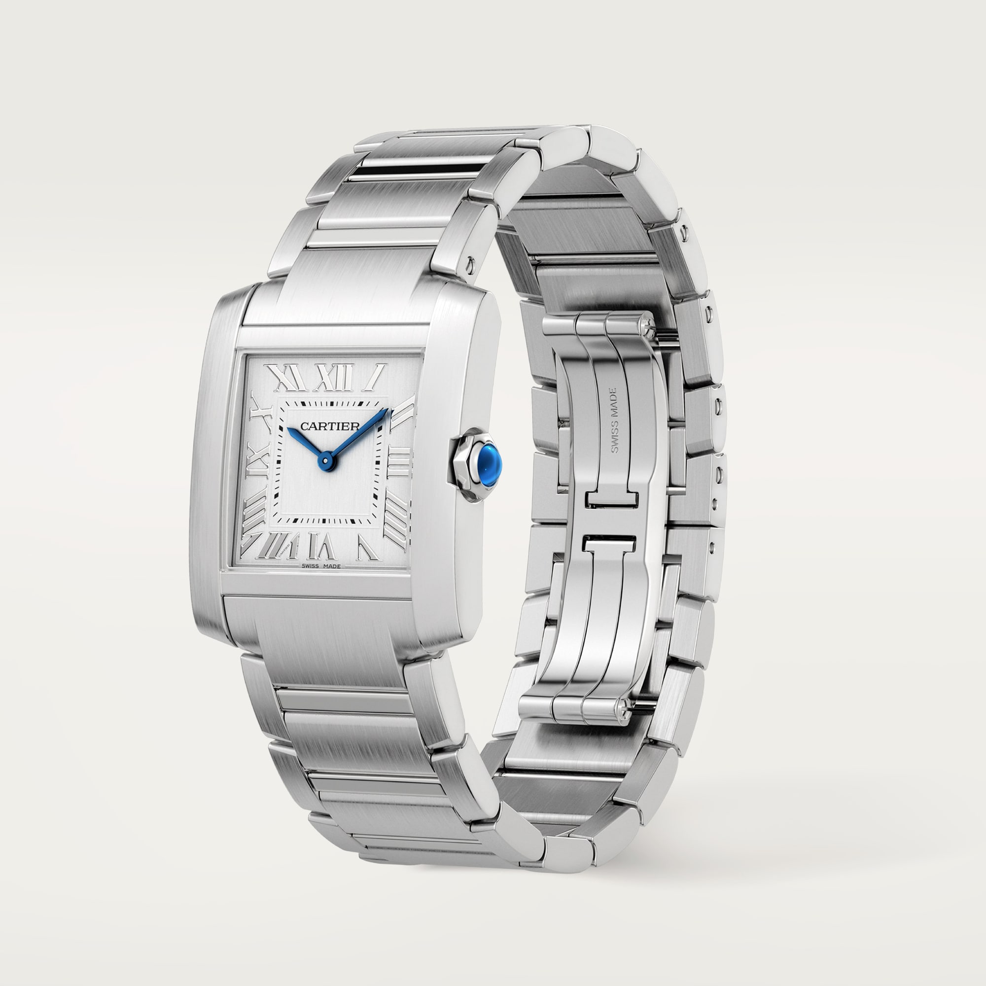 Angled side view of the medium Tank Française style watch in steel, showing the case profile and bracelet links.