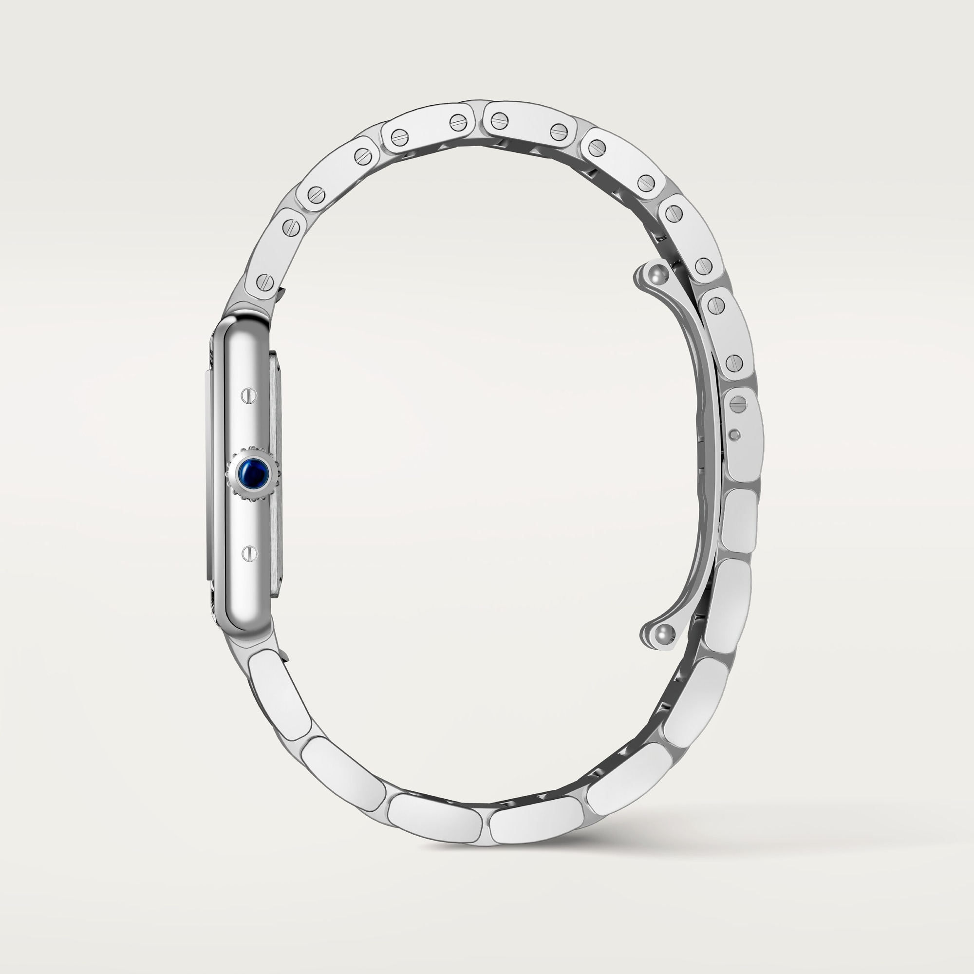 Side profile of the small Tank Must Solarbeat™ dupe Cartier watch with a full steel case and bracelet.