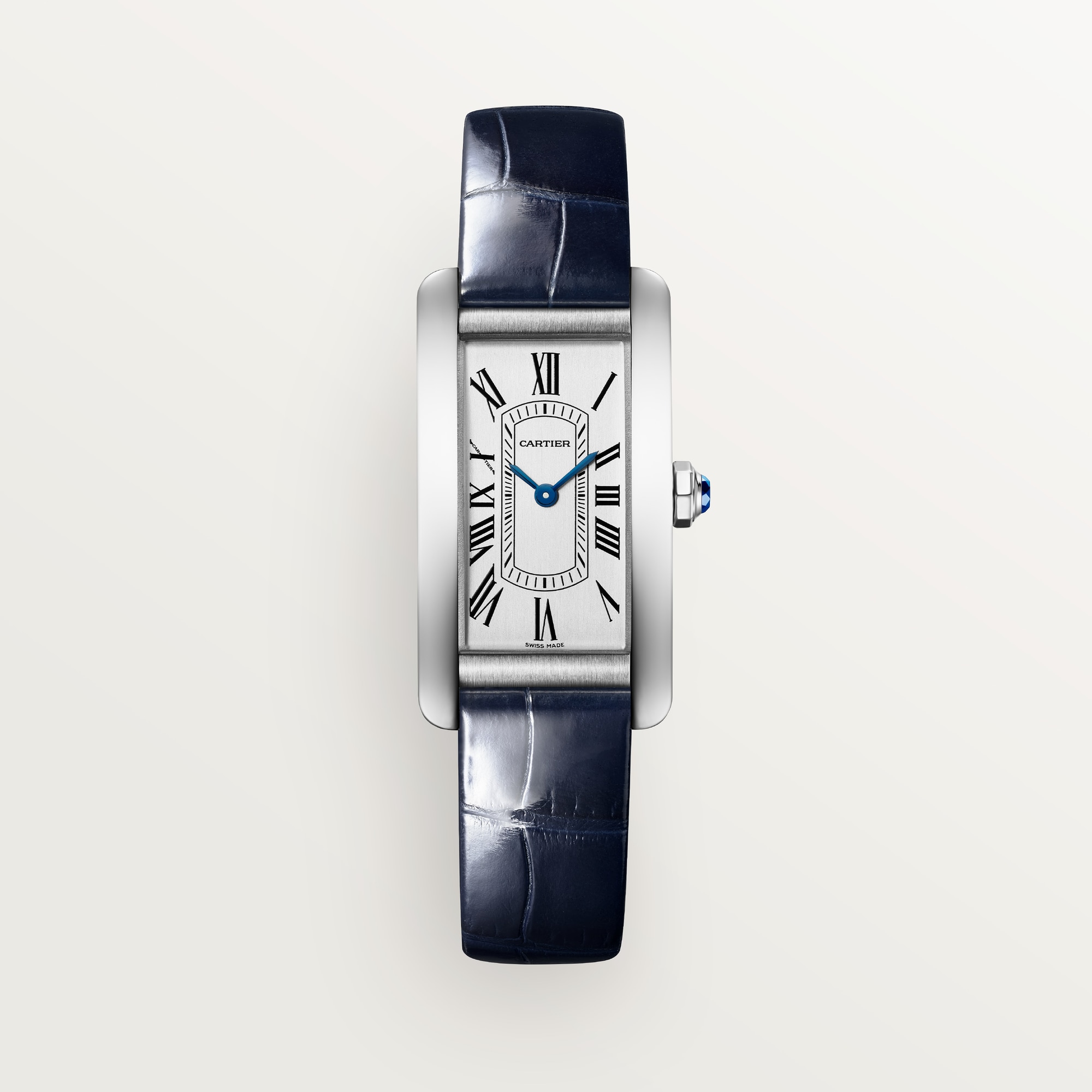 Front view of the small Tank Américaine dupe Cartier watch: steel case, silver Roman numeral dial, and navy blue leather strap.