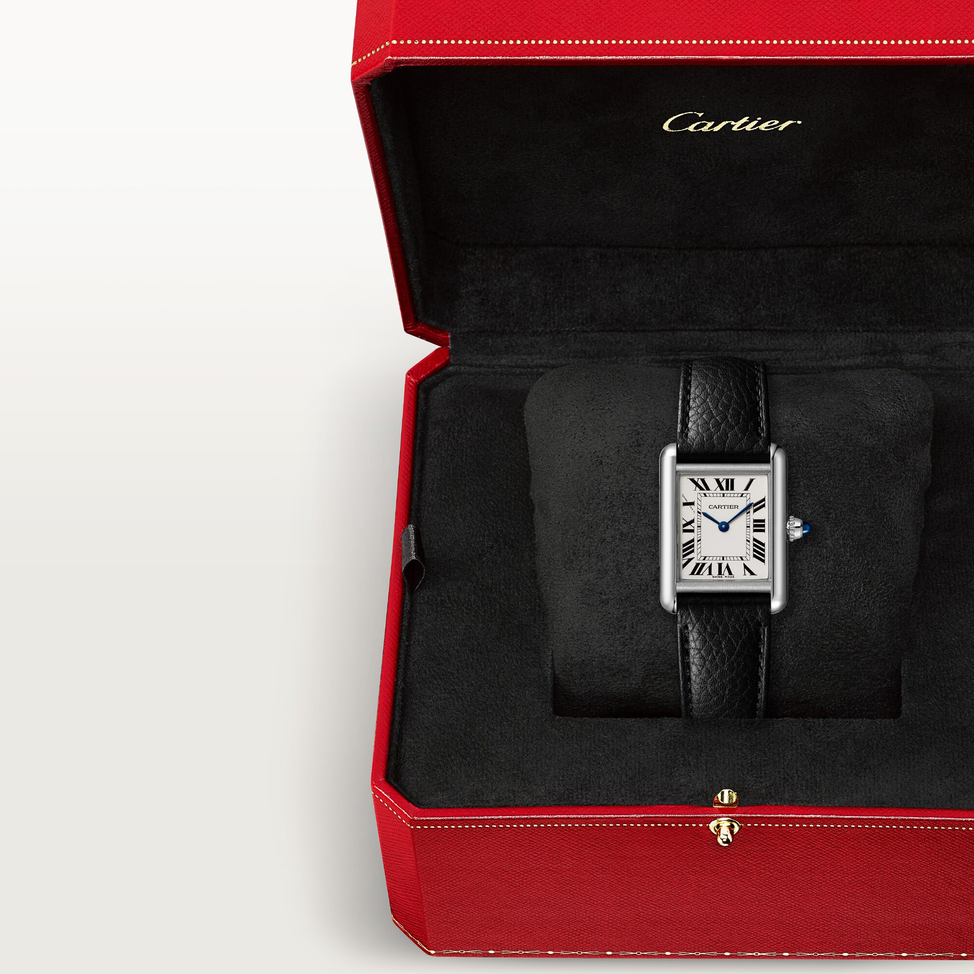 Small Tank Must dupe Cartier watch with white dial and black leather strap, displayed in its signature red Cartier box.