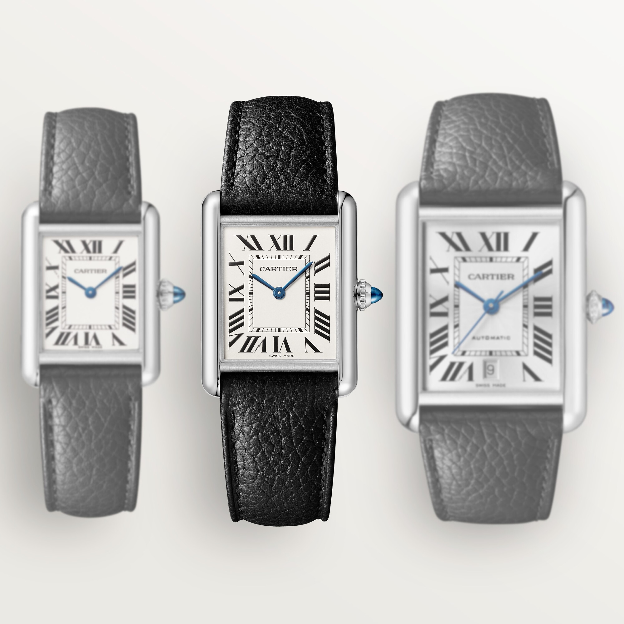 Size comparison of Tank Must dupe Cartier watch models with leather straps, large model featured in the center.