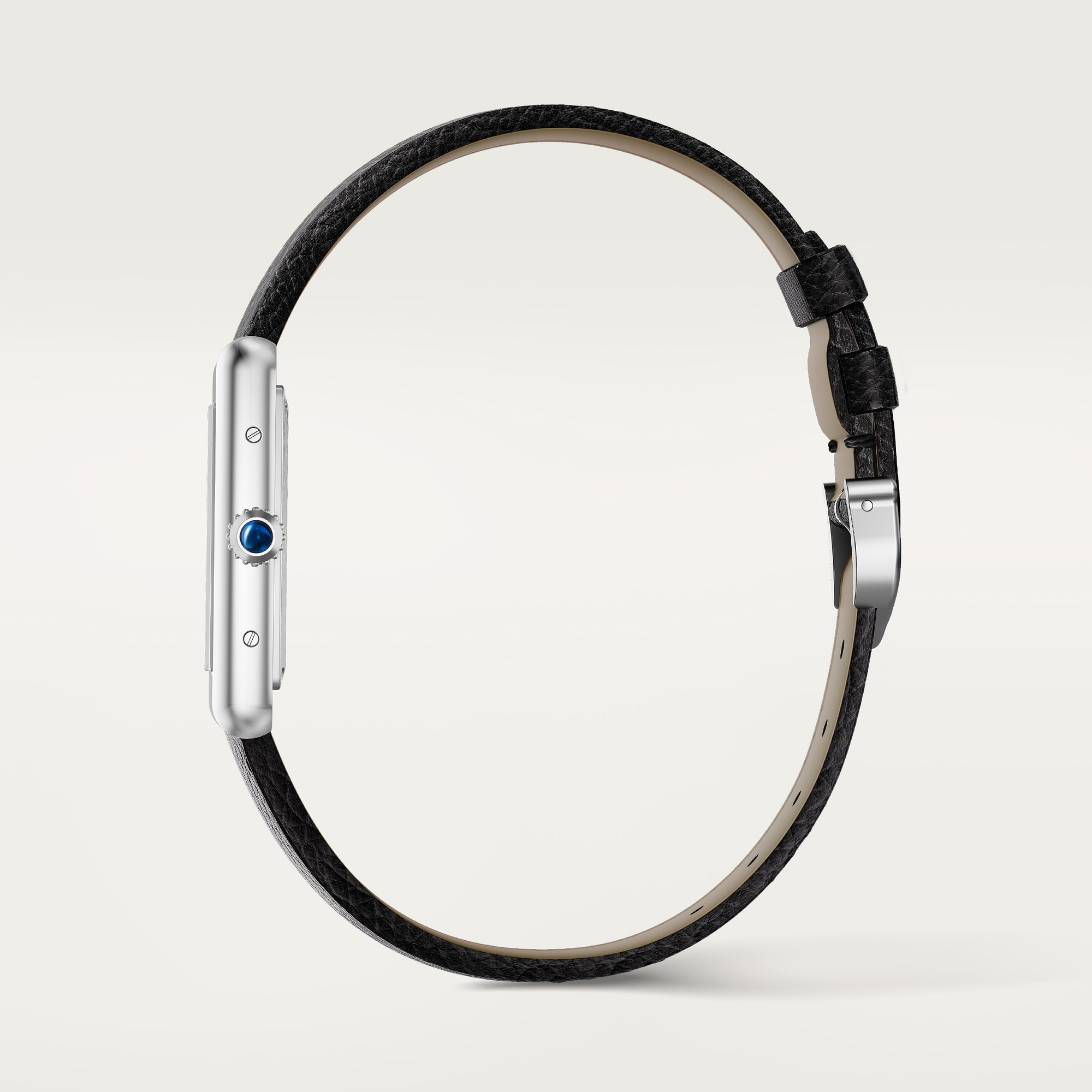 Side profile of the large Tank Must Solarbeat™ dupe Cartier watch in steel with a black leather strap.