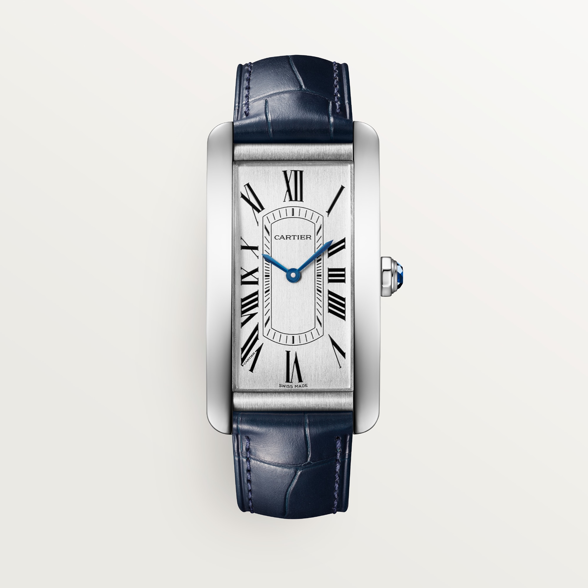 Front view: Dupe Tank Américaine large model watch, steel curved case, white dial, and blue alligator-patterned leather strap.