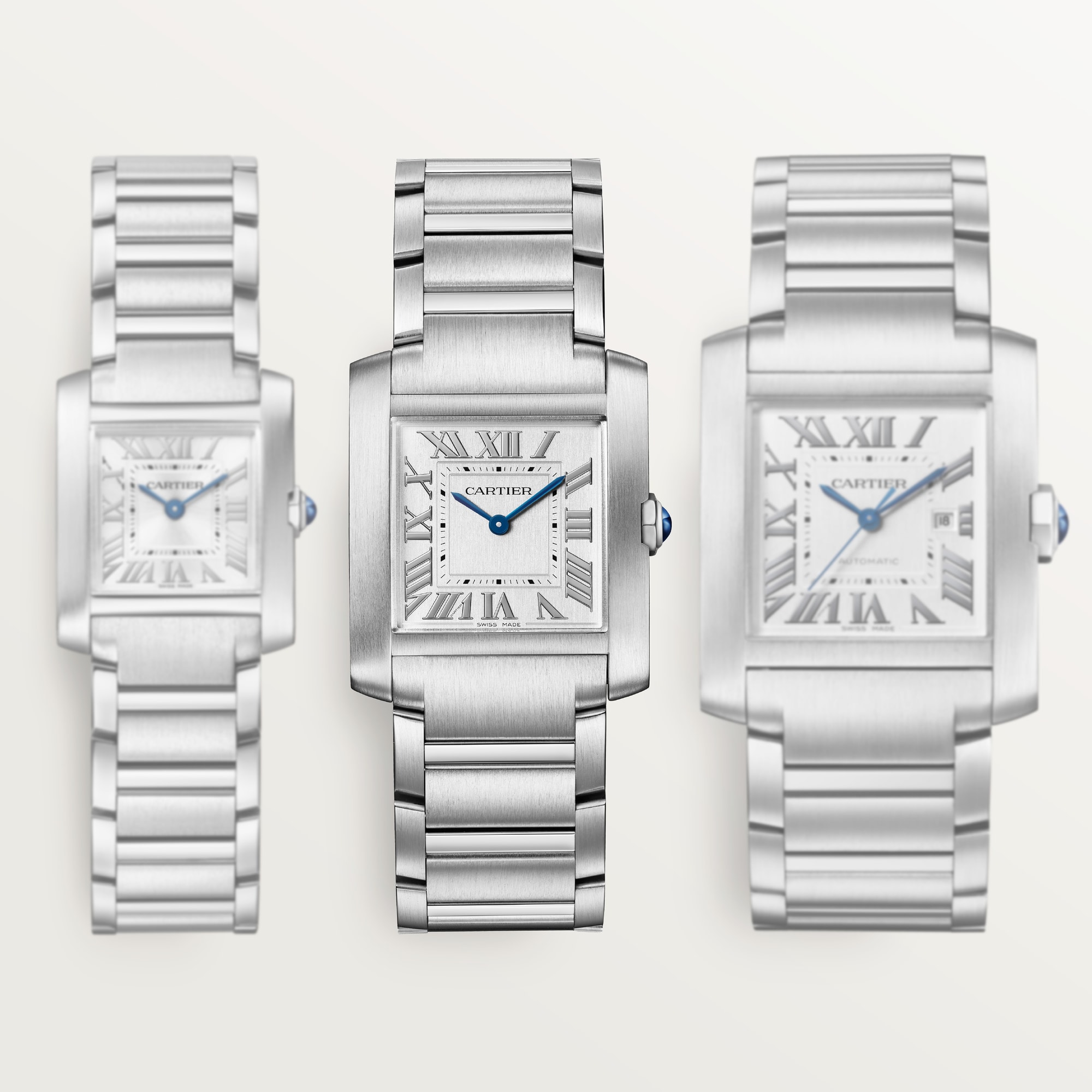 Comparison of different sizes of the steel Tank Française style watch, showcasing the medium model.