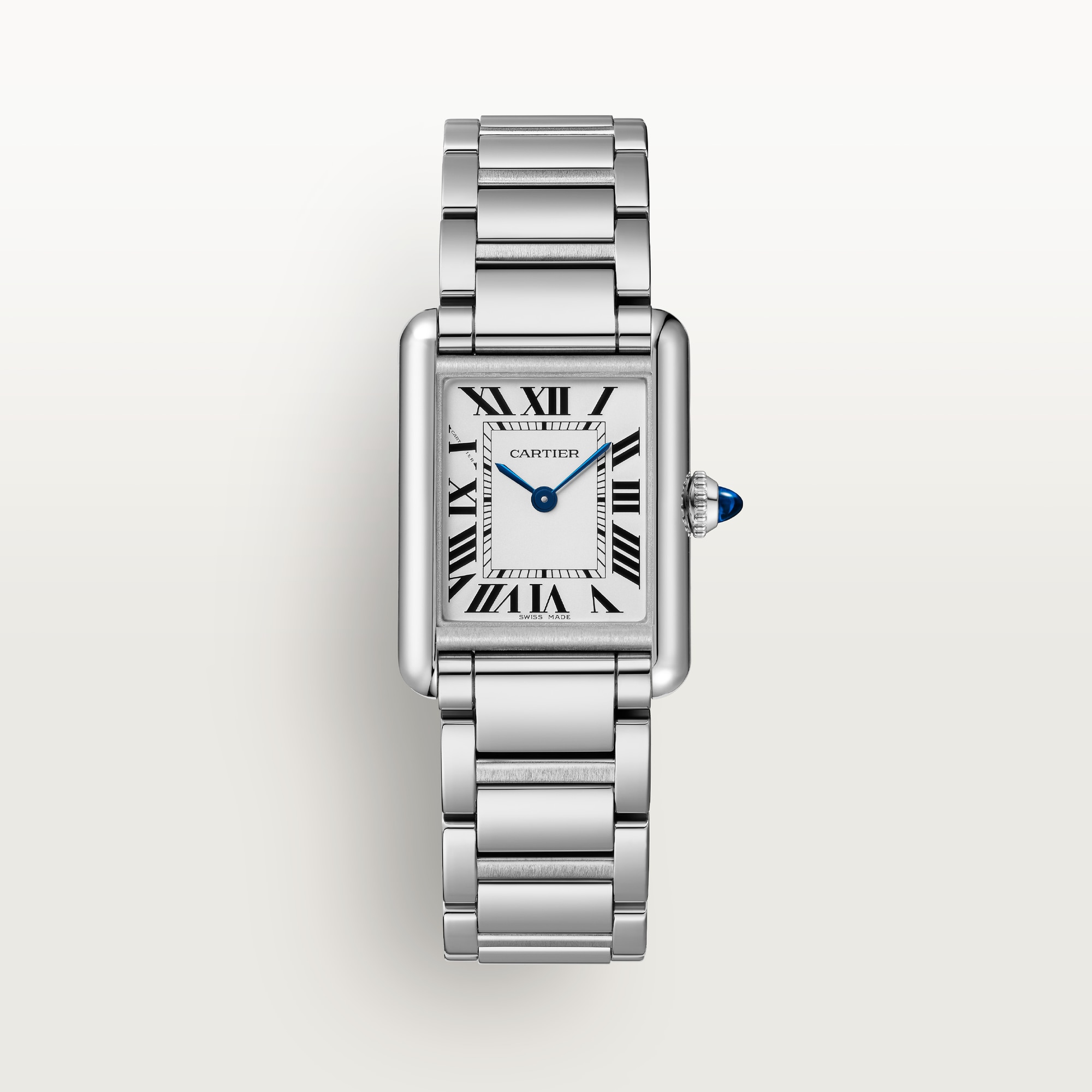 Front view of the small Tank Must Solarbeat™ dupe Cartier watch with a steel case, white Roman numeral dial, and steel bracelet.