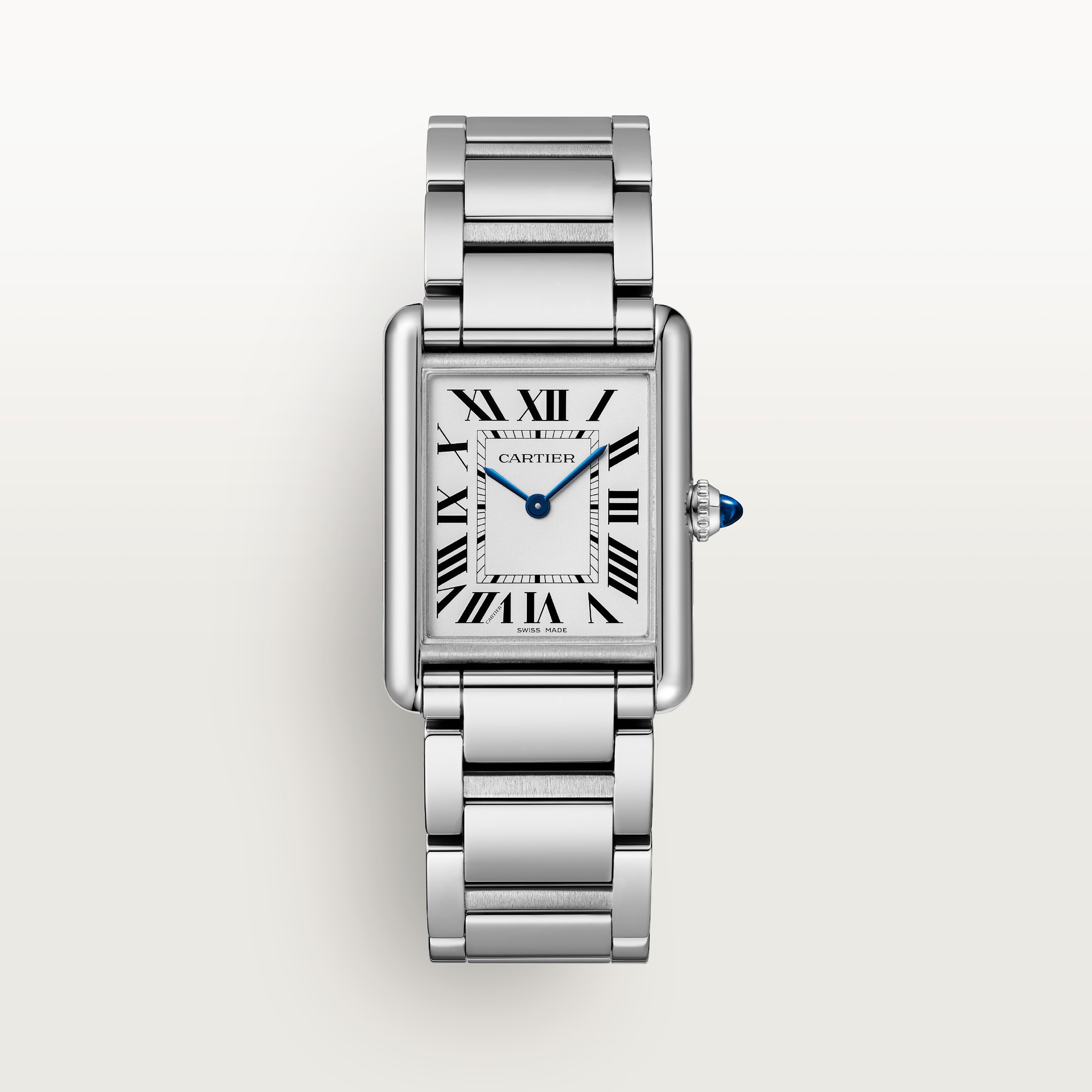 Front view of the small Tank Must Solarbeat™ dupe Cartier watch with a full steel case and bracelet, white Roman dial.