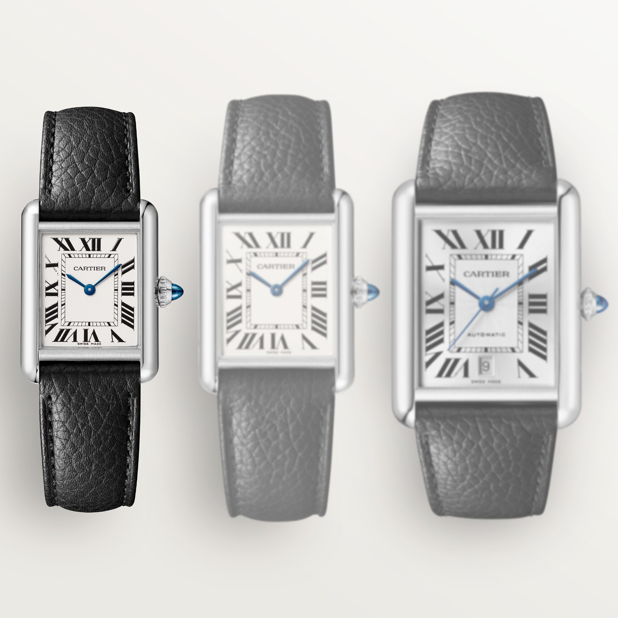 Size comparison of Tank Must dupe Cartier watch models with leather straps, small model highlighted on the left.
