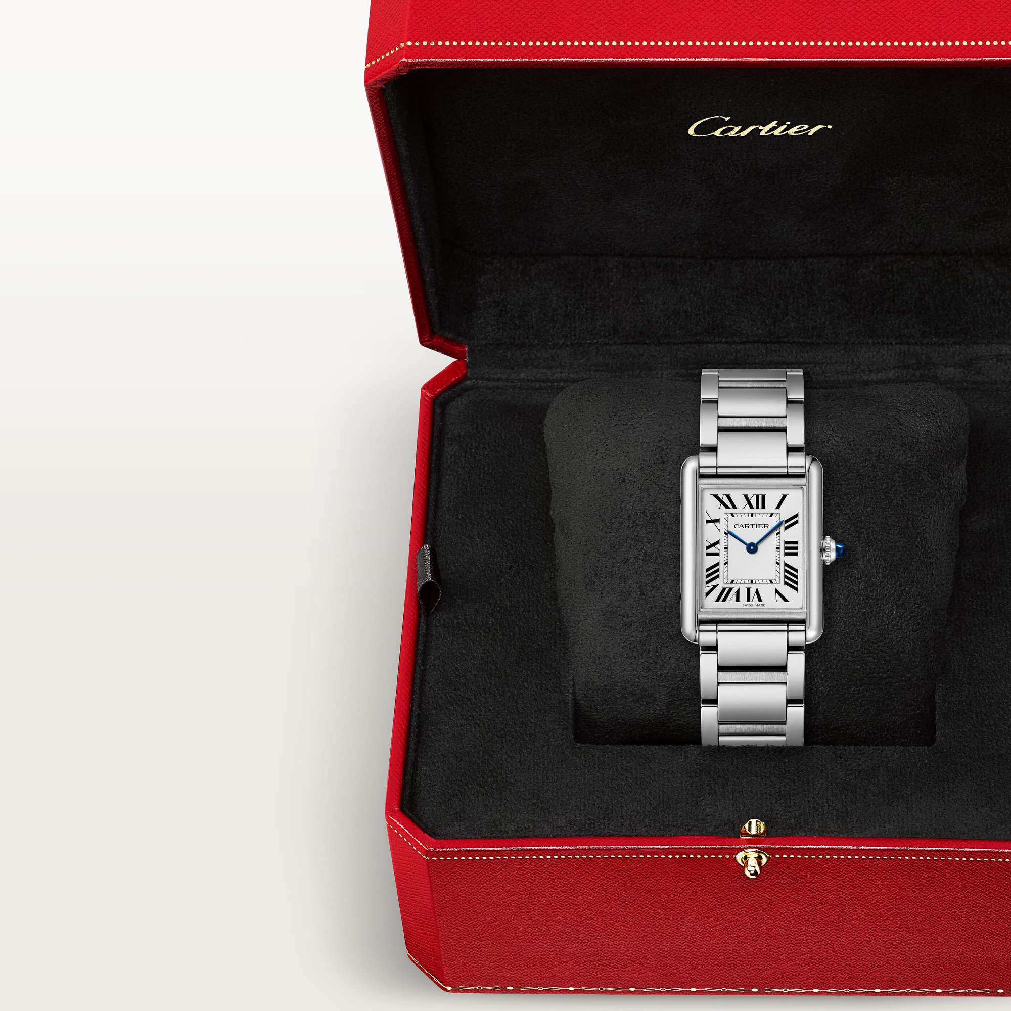 Small Tank Must Solarbeat™ dupe Cartier watch with full steel bracelet, presented in its signature red Cartier box.