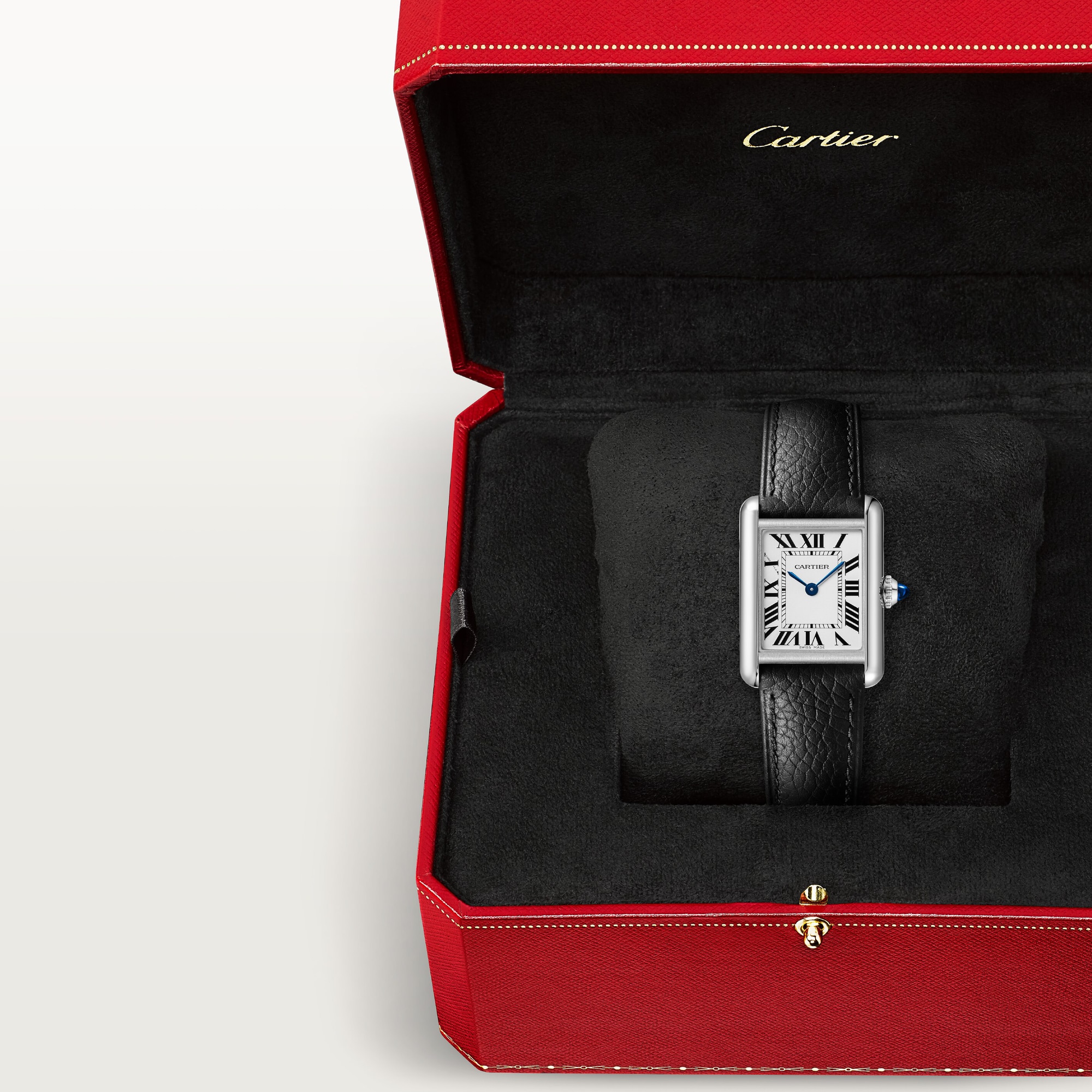 Small Tank Must Solarbeat™ dupe Cartier watch with white dial and black leather strap, presented in its signature red Cartier box.