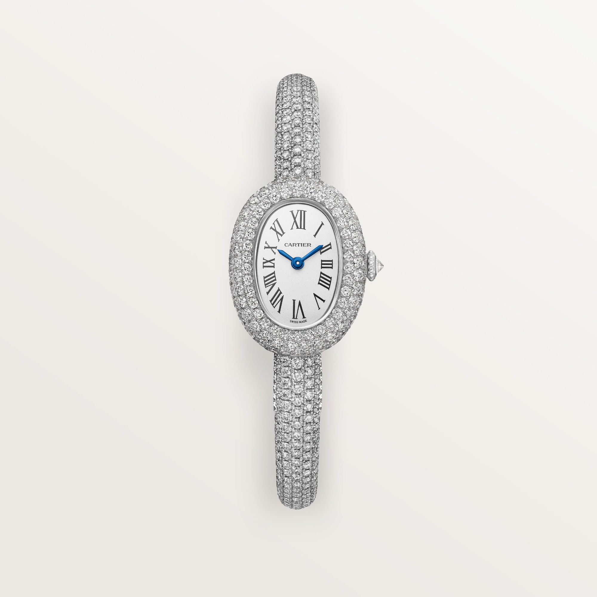 Clear, single view of the Cartier Baignoire mini diamond white gold watch, emphasizing its brilliant diamond setting and delicate white gold bracelet.