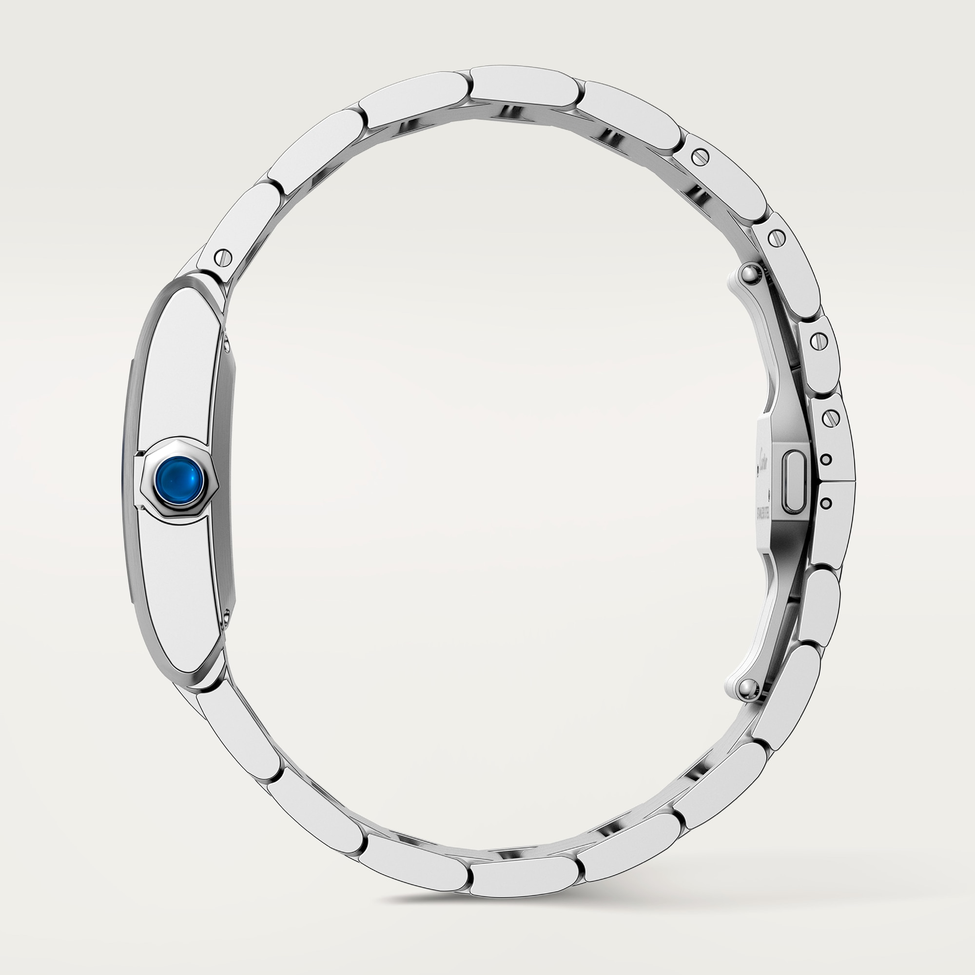 Profile view: Dupe Tank Française large model watch with steel case, bracelet, and date window.