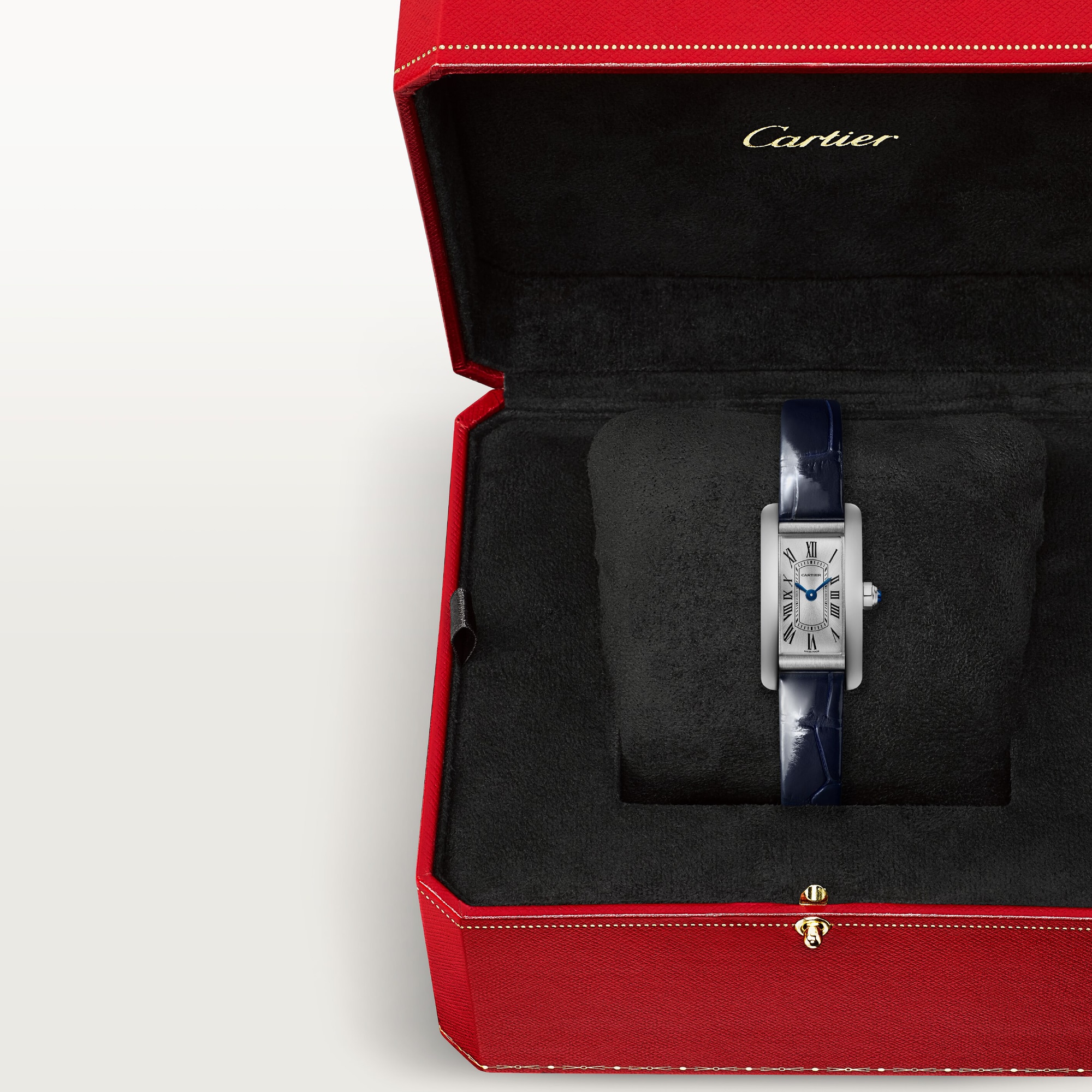 Mini Tank Américaine dupe Cartier watch with silver dial and navy blue leather strap, presented in its signature red Cartier box.