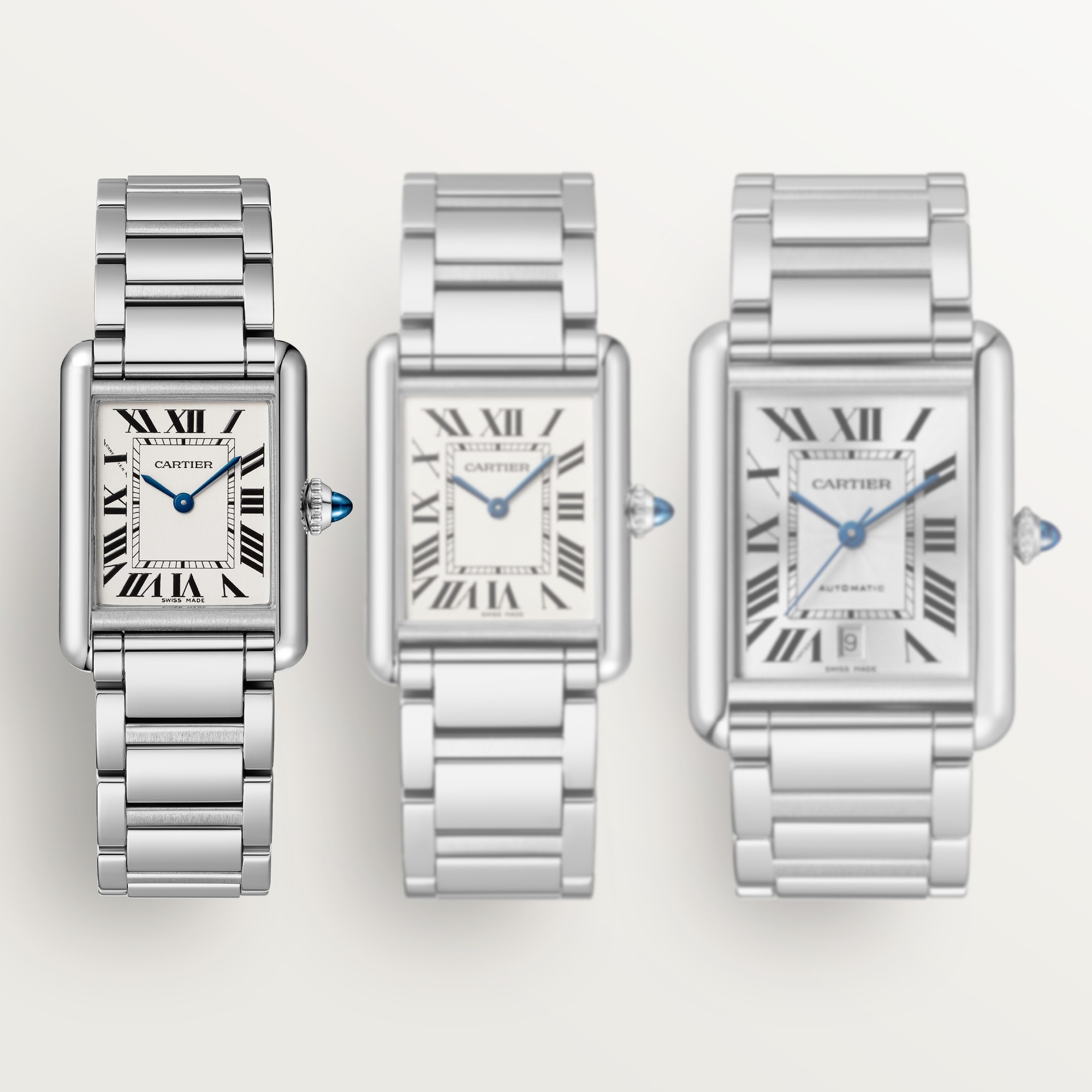 Size comparison of steel Tank Must dupe Cartier watch models, with the small model highlighted.