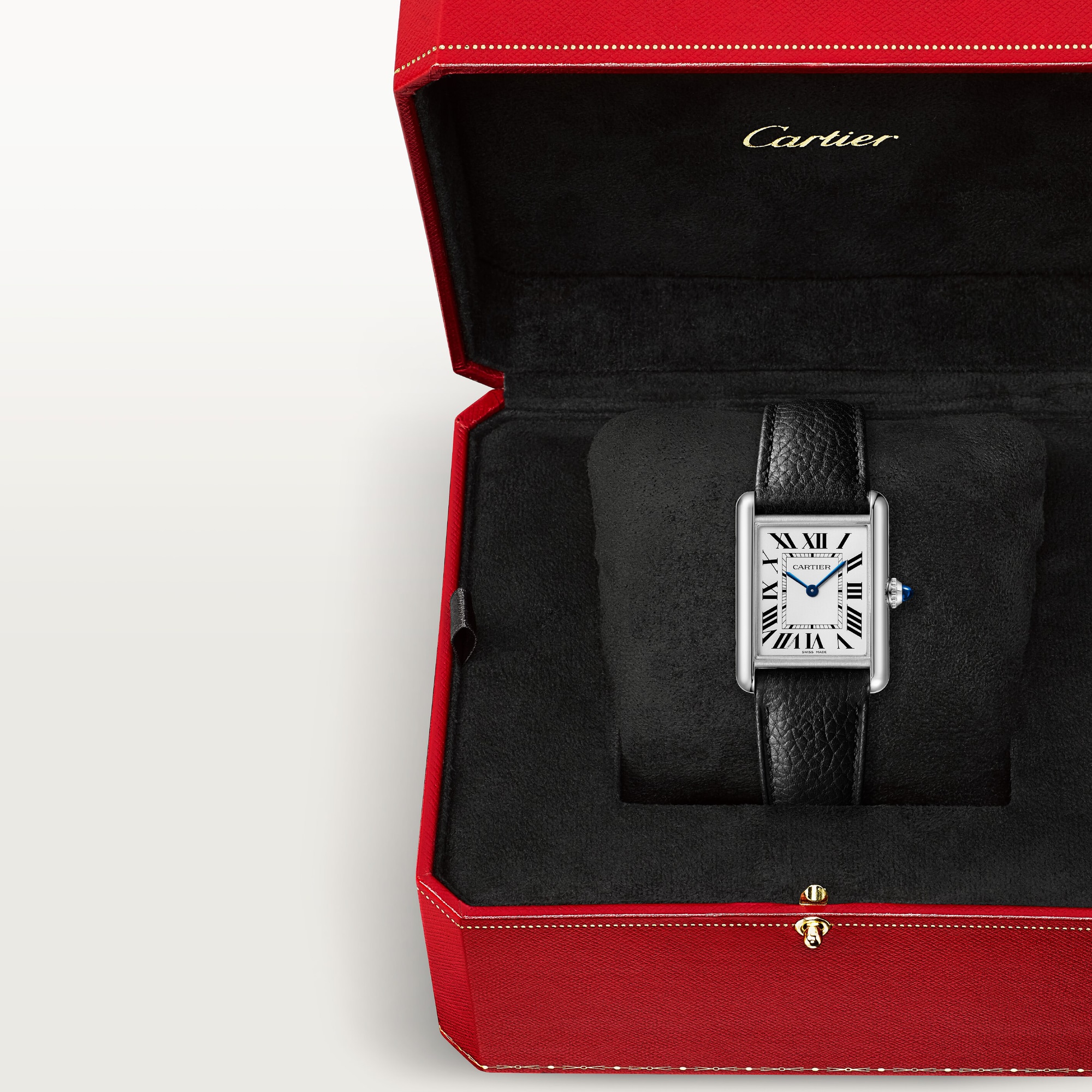 Large Tank Must Solarbeat™ dupe Cartier watch with white dial and black leather strap, presented in its signature red Cartier box.