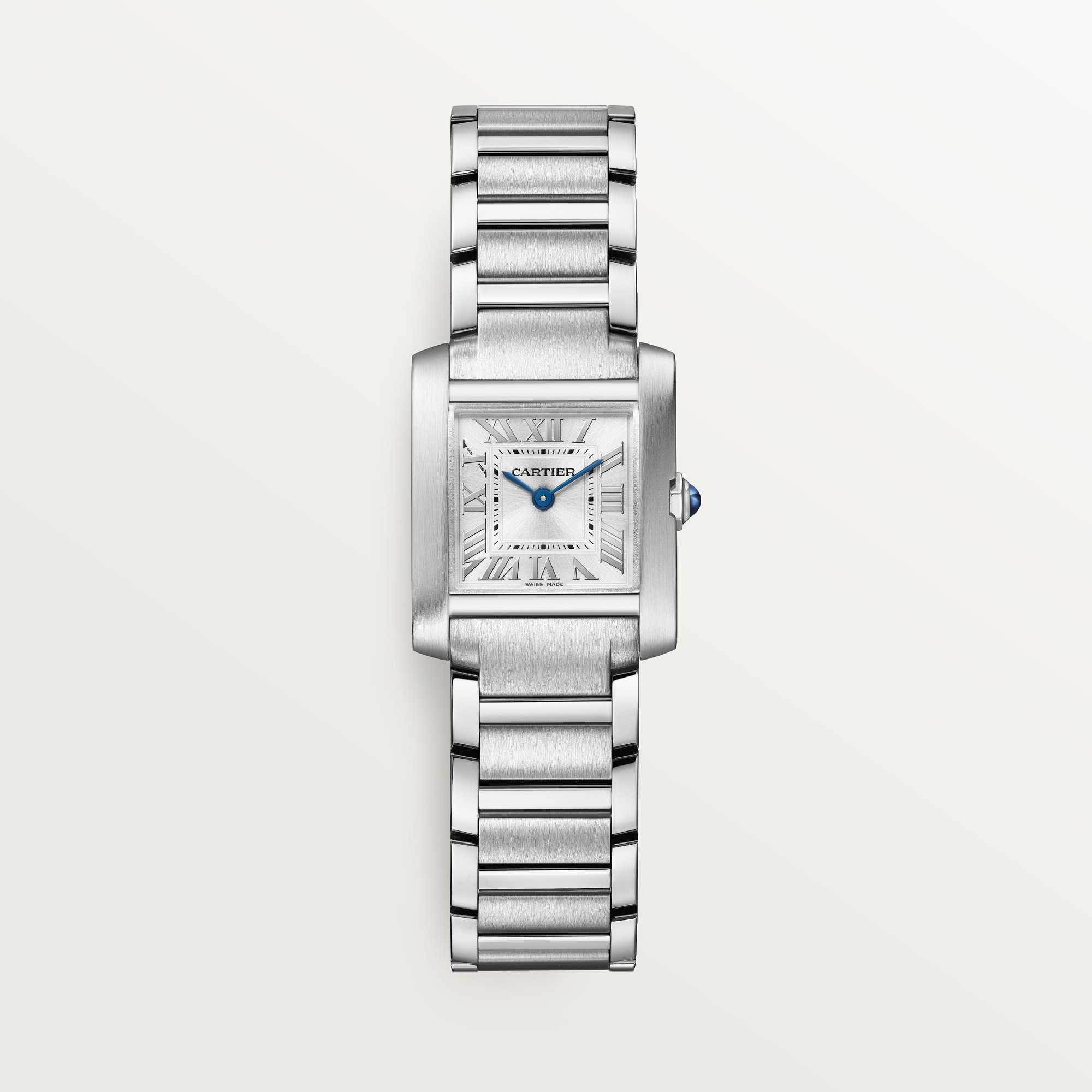 Front view of the small Tank Française dupe Cartier watch with a full steel case and bracelet, silver Roman dial.